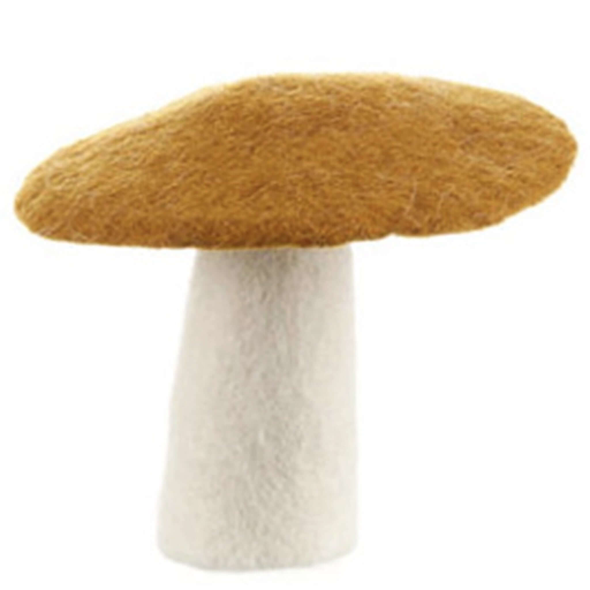 Alt Tag: Muskhane Felt Mushroom - Large Gold handmade fairtrade felt decorative mushroom, 11cm high