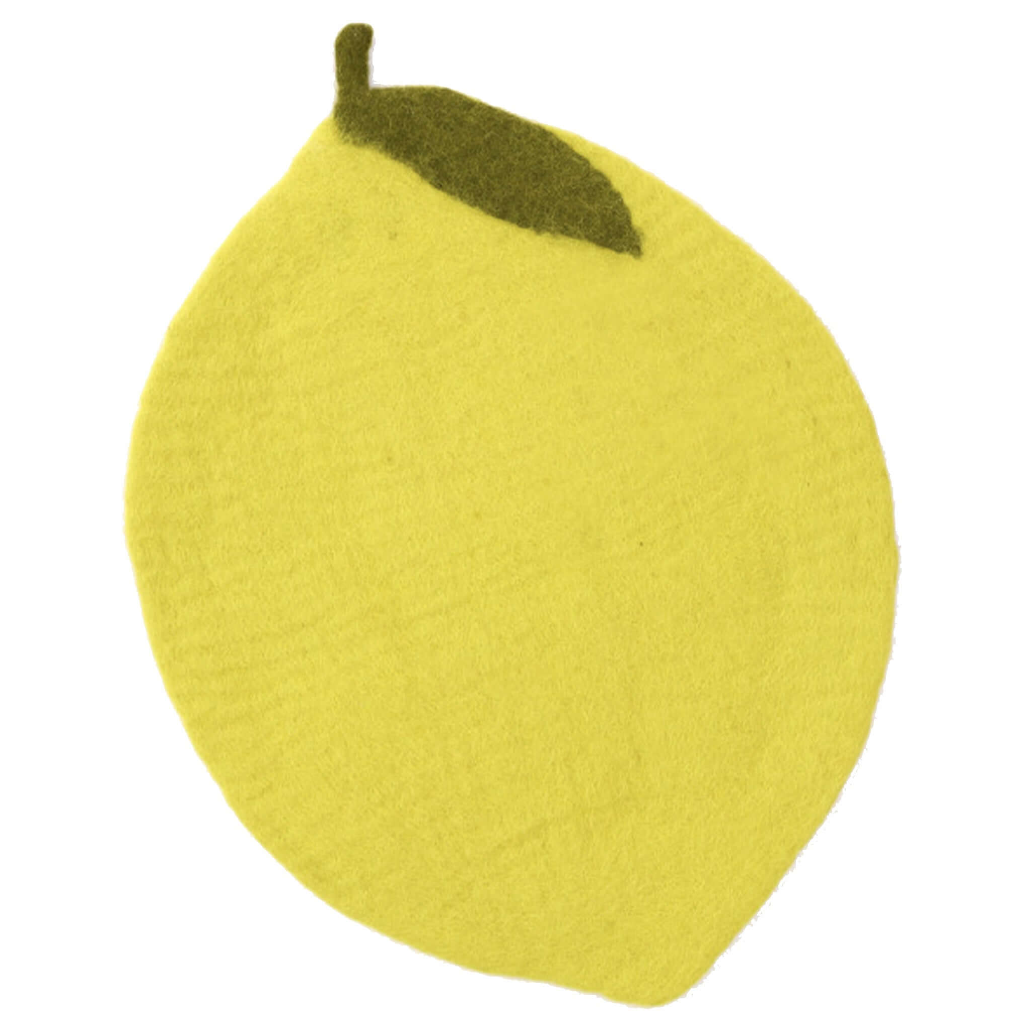 Alt Tag: Muskhane Felt Lemon Placemat - Sulfur Flower lemon-shaped felted wool placemat in citrus yellow, protects table from scratches