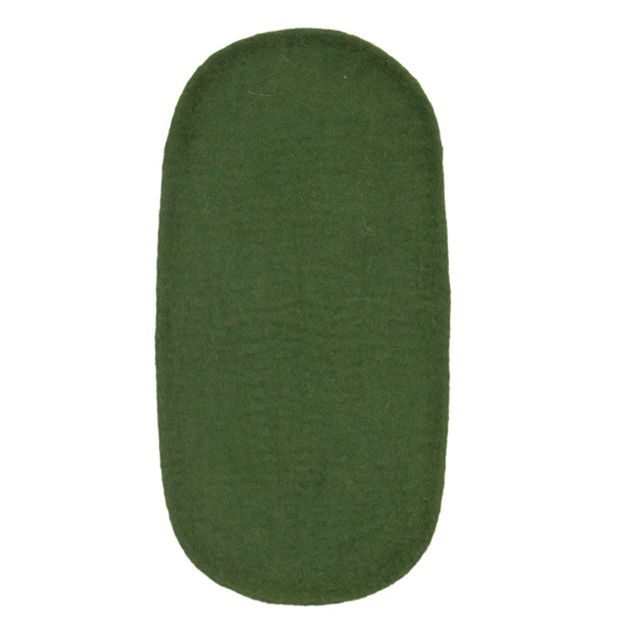 Green oval-shaped felt trinket tray on a white background