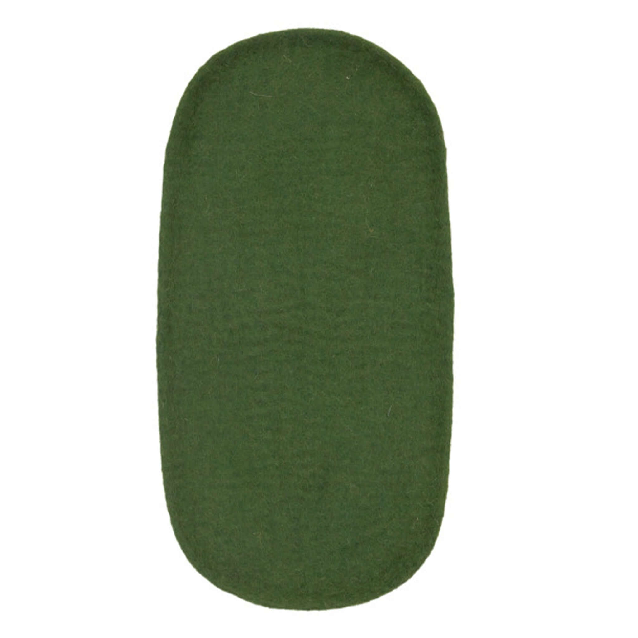 Green oval-shaped felt trinket tray on a white background