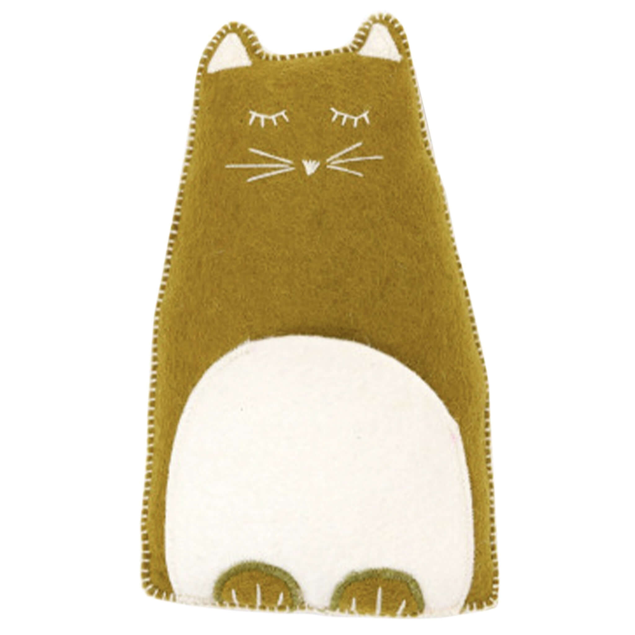 Muskhane Kitty Pasu Felt & Kapok Cushion - Pistachio in green and cream with sleepy embroidered face
