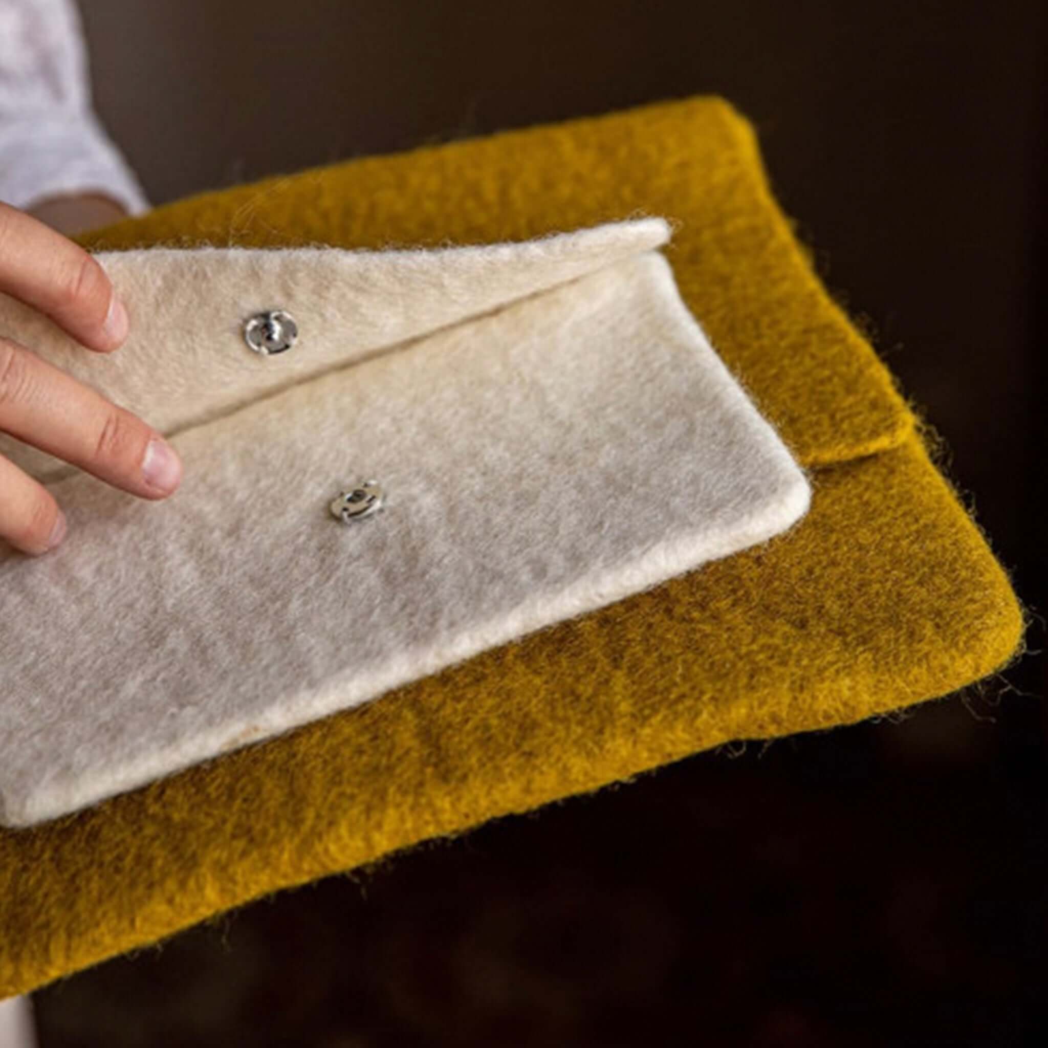 Muskhane Felt Glasses Case - Natural showing inside view with soft felt and invisible popper closure.