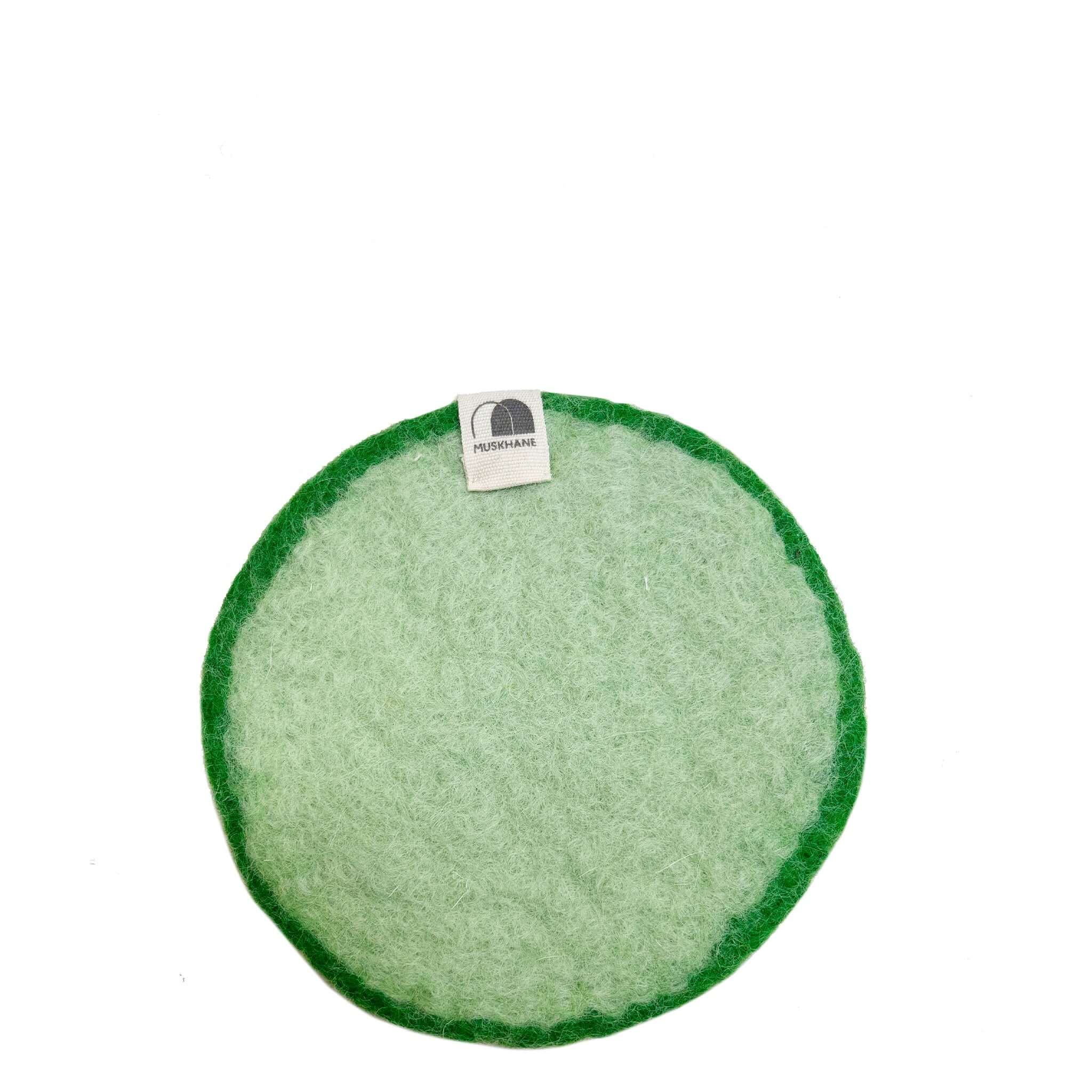 Alt Tag: Muskhane Felt Two Tone Round Coaster - Green & Mint 12cm fairtrade handmade felt coaster, green edge and mint center