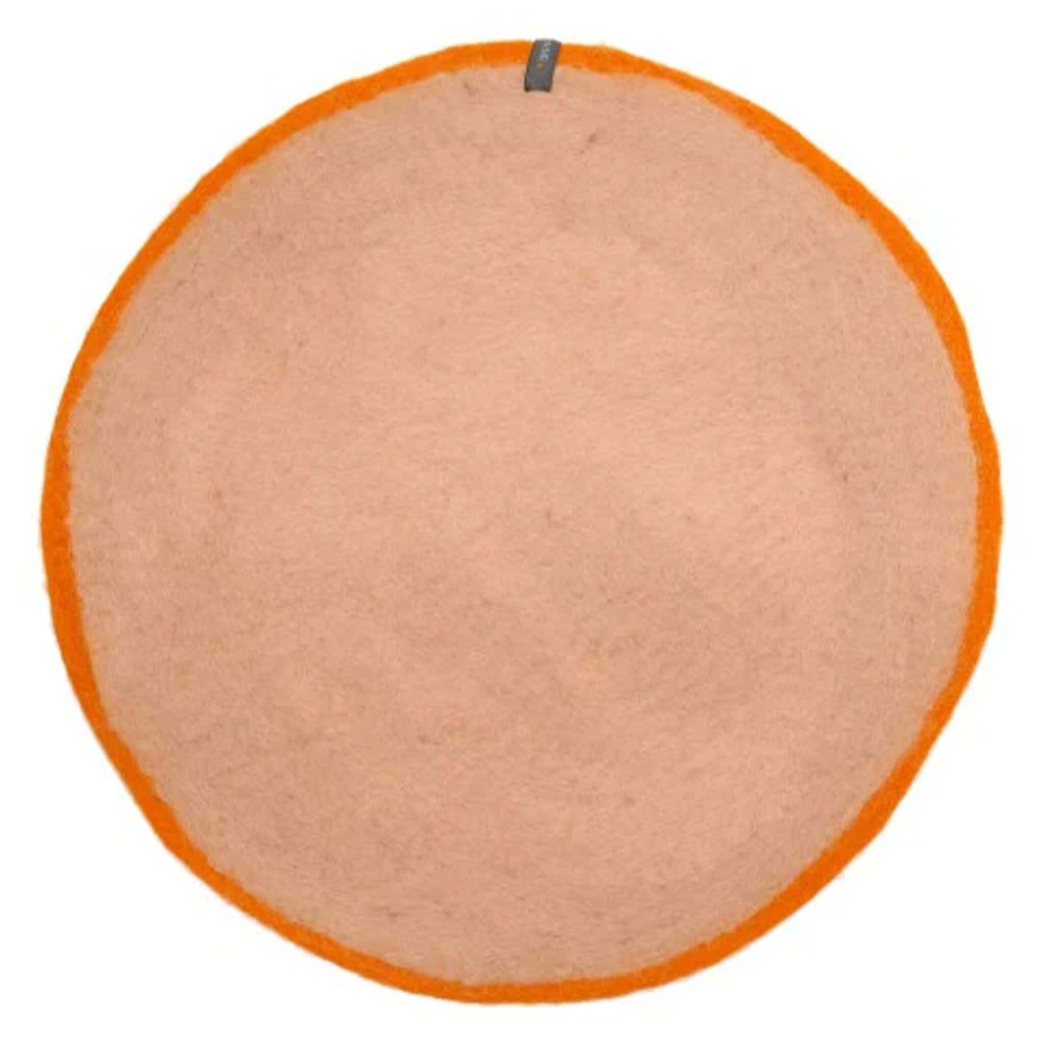 Alt Tag: Muskhane Felt Two Tone Round Placemat - Apricot & Nude Large, round felt placemat with apricot edge and nude center