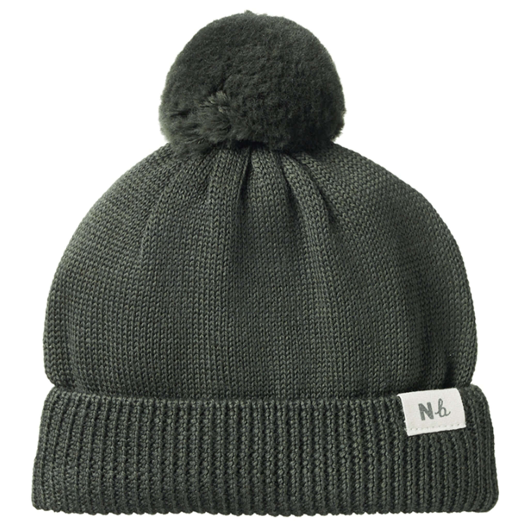 Alt Tag: Nature Baby Organic Merino Alpine Pom Pom Beanie - Thyme organic merino knit baby beanie with pom pom and folded rib cuff