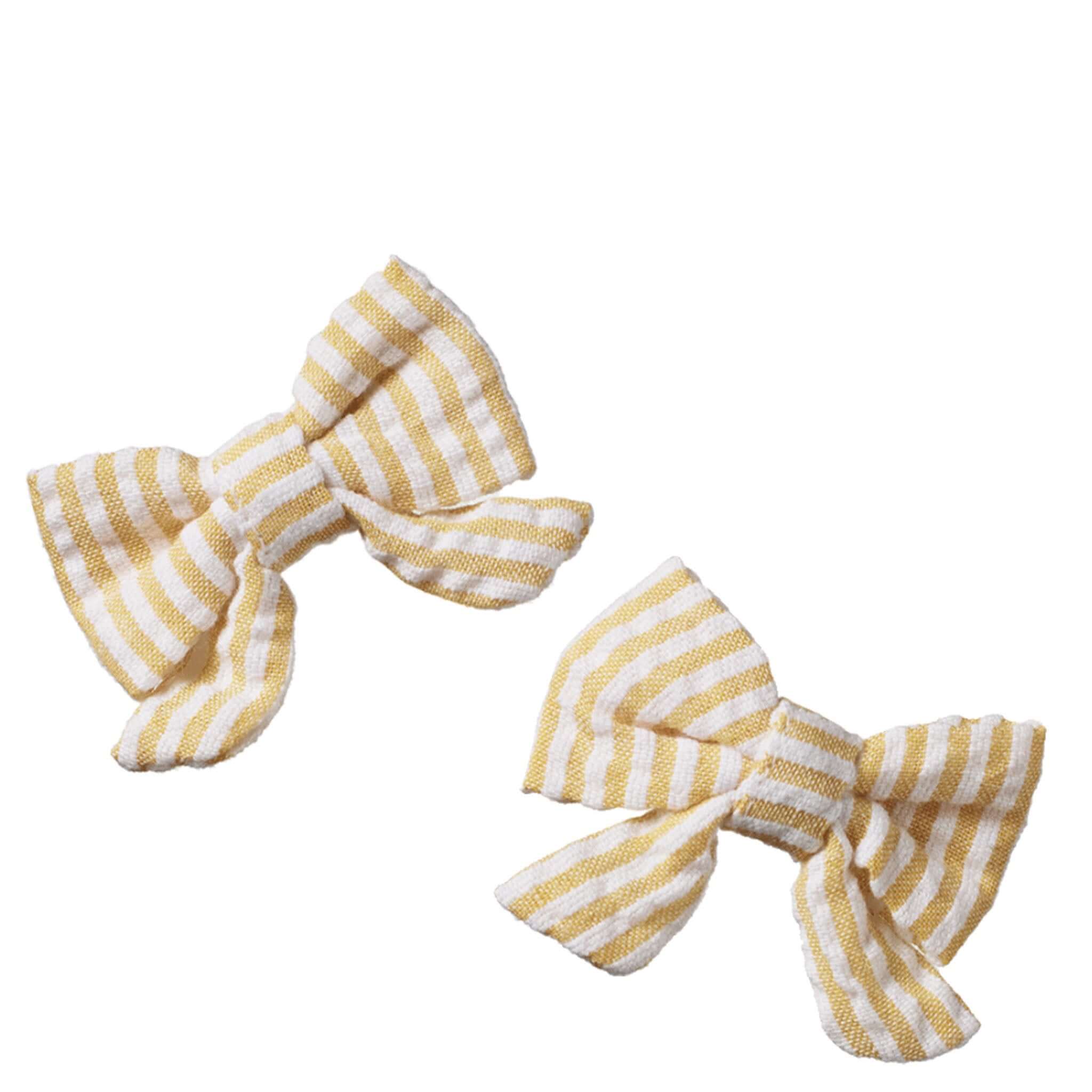 Alt Tag: Nature Baby Bow Hair Clip Set - Golden Stripe organic cotton bow hair clips, 2-pack 35mm gold stripe baby hair accessories