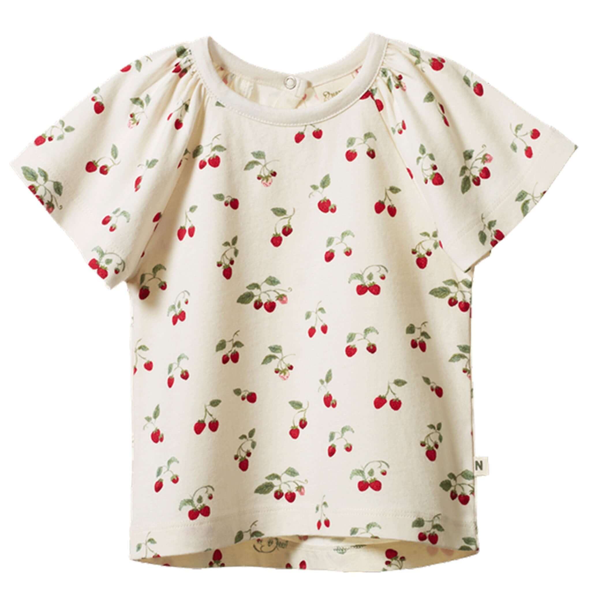 Alt Tag: Nature Baby Organic Cotton Faye Tee - Strawberry Blush organic cotton baby tee with gathered sleeves and cherry print