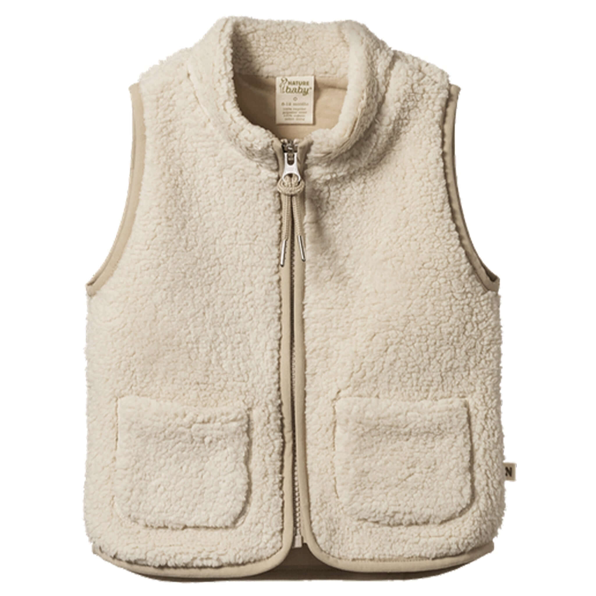 Alt Tag: Nature Baby Flint Vest - Oatmeal recycled polyester fleece vest with zip front, high neck and patch pockets