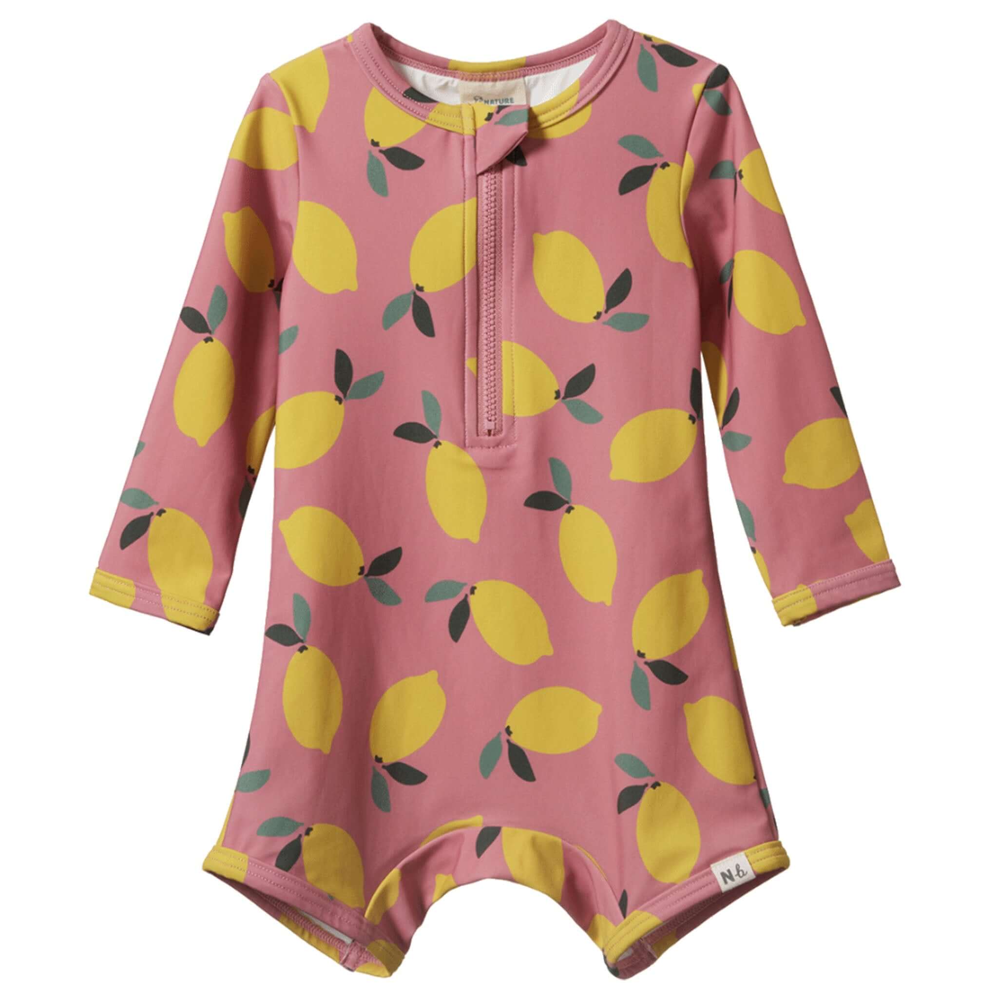 Alt Tag: Nature Baby One Piece Bathing Trunks - Lemmony Rose lemon print long sleeve kids swimsuit, quick-dry full coverage sun-safe