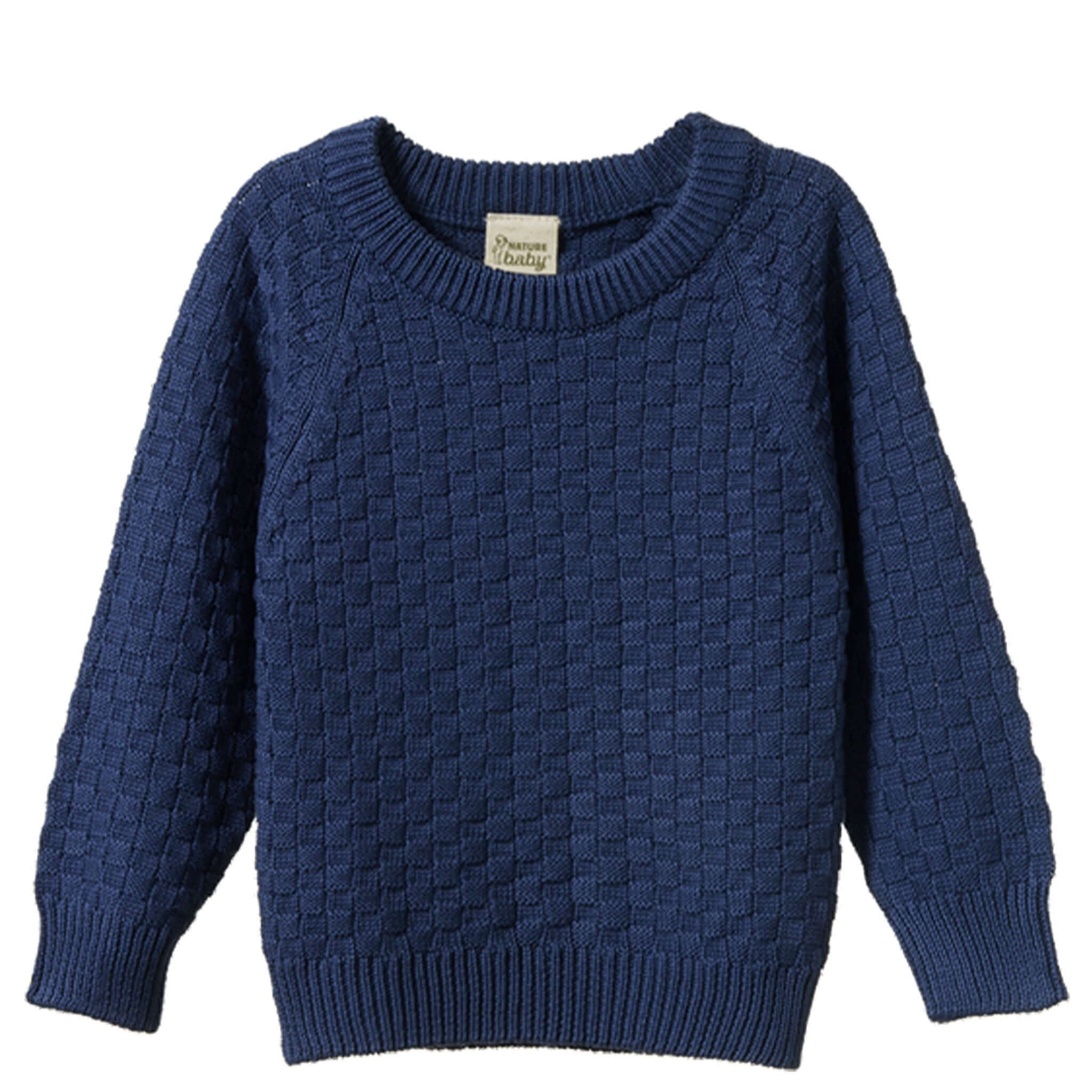 Alt Tag: Nature Baby Organic Cotton Basket Knit Billy Jumper - Vintage Indigo chunky tuck stitch GOTS organic cotton baby sweater