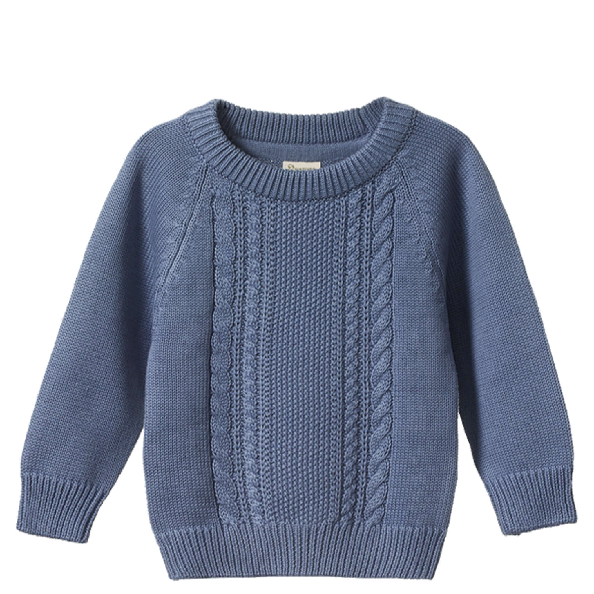 Alt Tag: Nature Baby Organic Cotton Basket Knit Billy Jumper - Vintage Dusky Blue Cable organic cotton kids knit jumper with cable panel