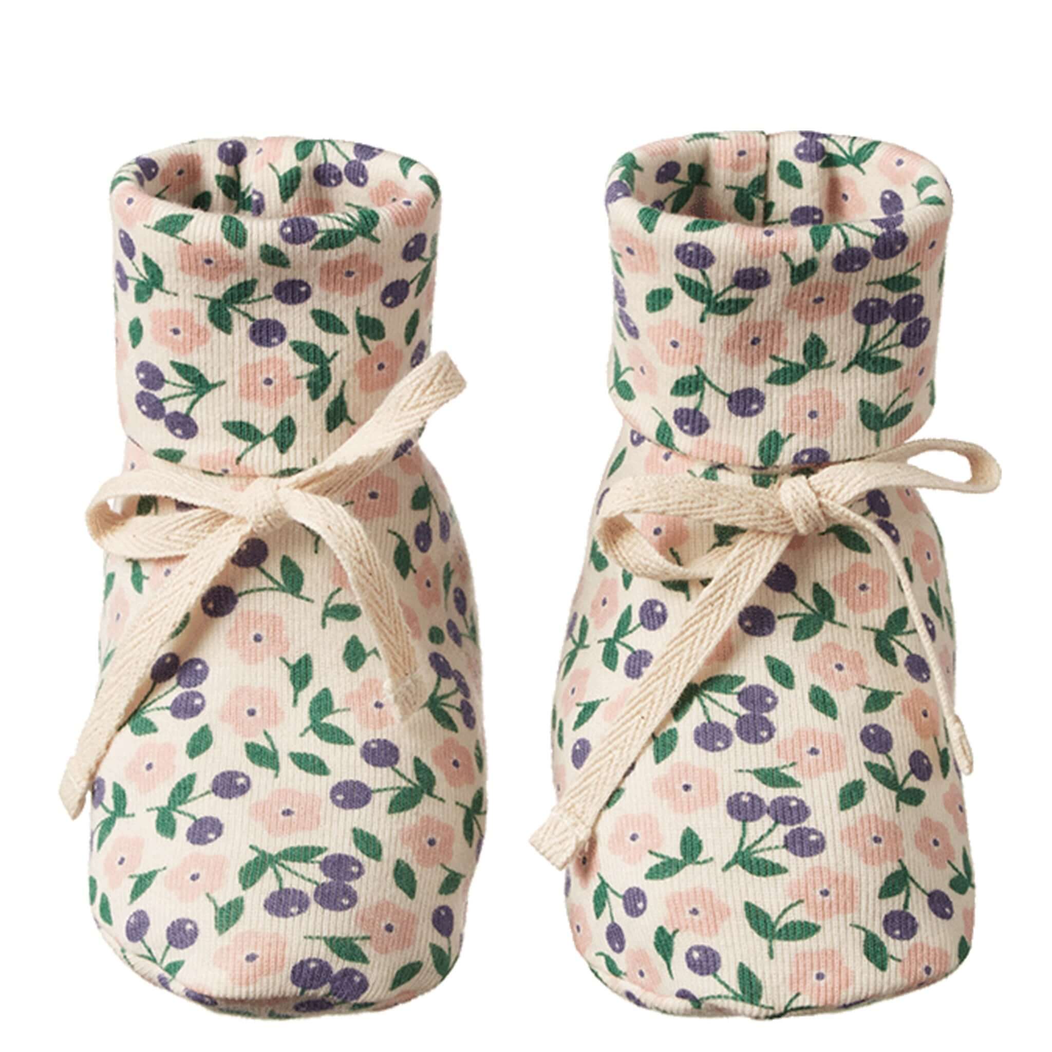 Alt Tag: Nature Baby Organic Cotton Booties - Briarwood organic cotton baby booties with fold-down cuff and front bow, briarwood print