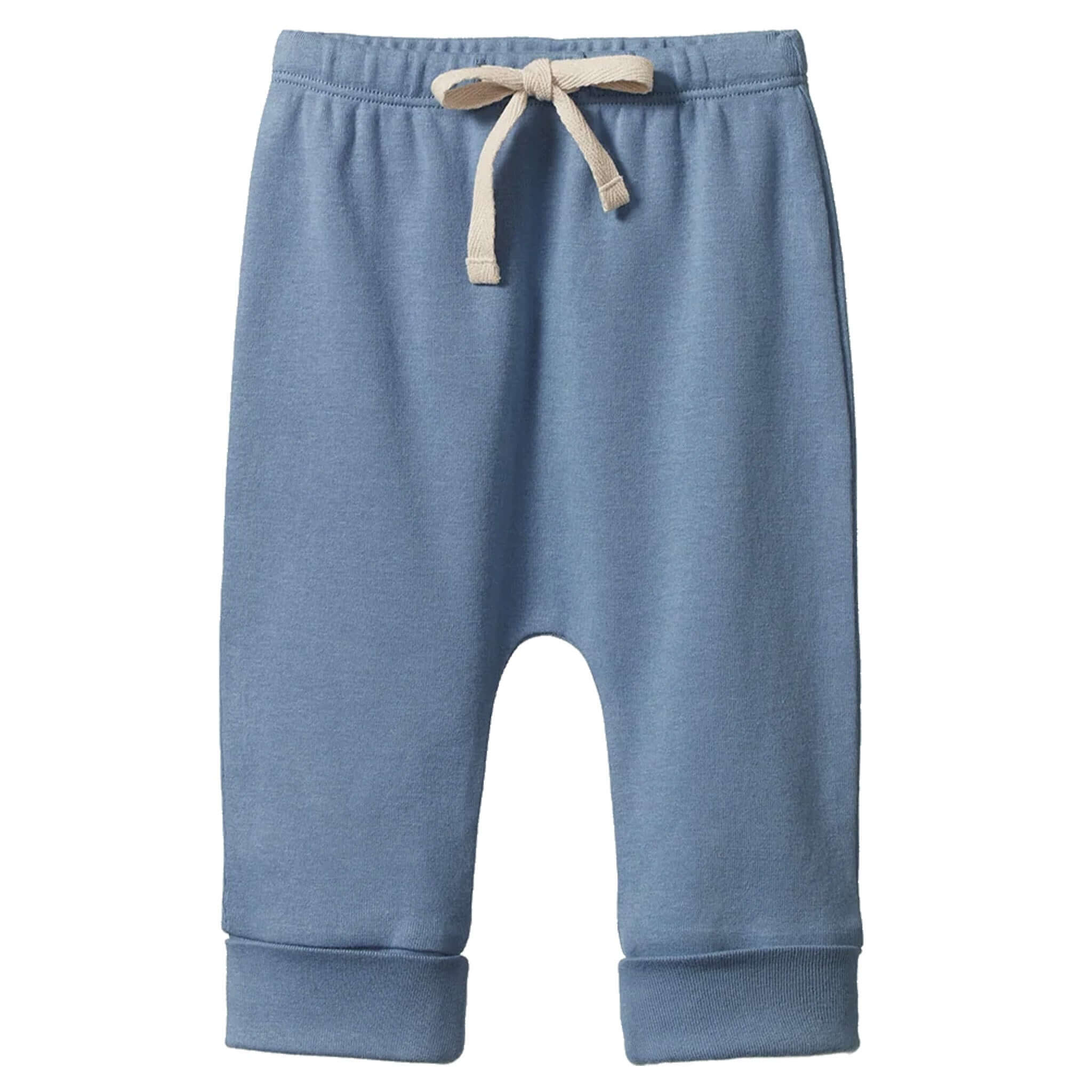 Nature Baby Organic Cotton Drawstring Pants - Jetty in soft Dusky Blue with adjustable drawstring and cuffed legs.