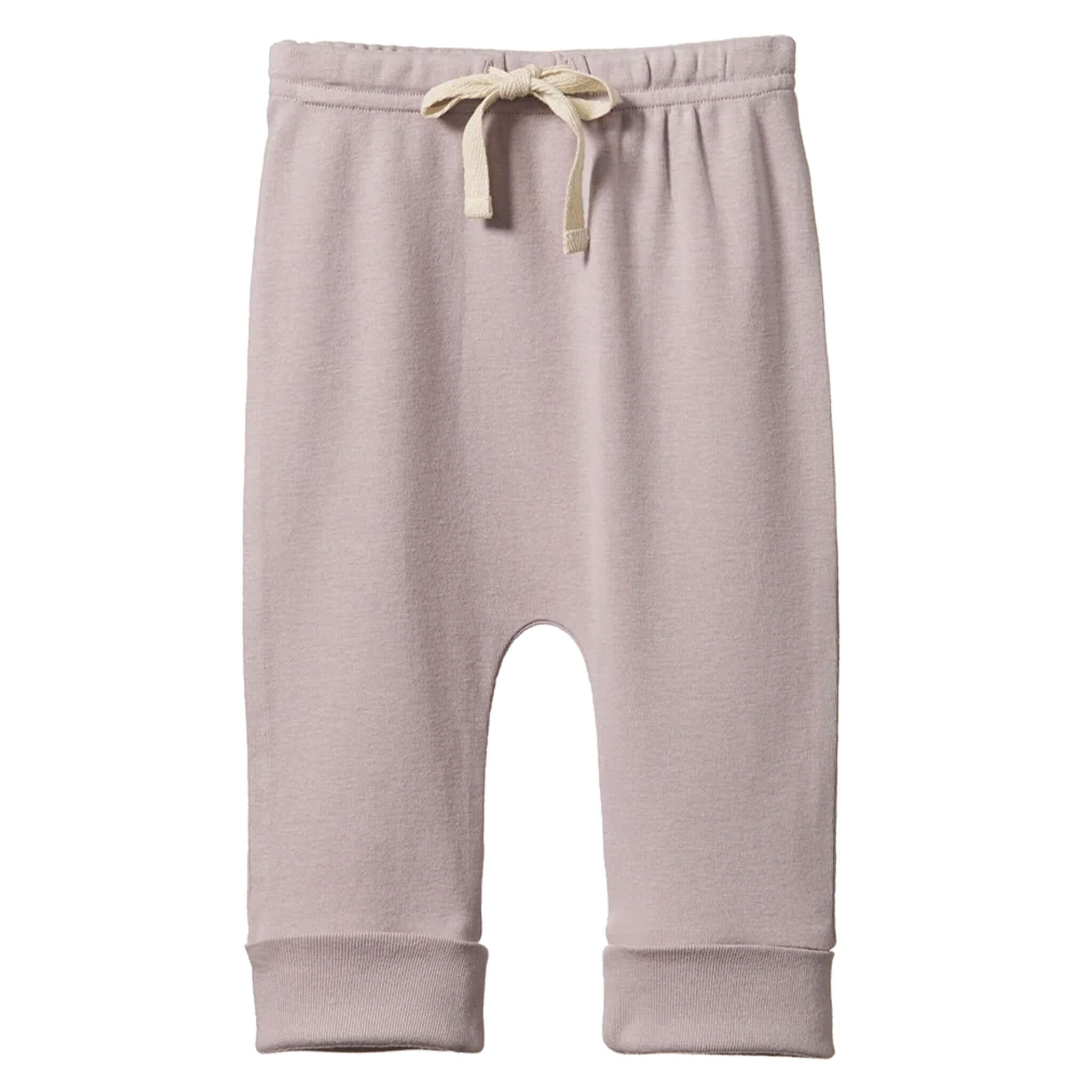 Nature Baby Organic Cotton Drawstring Pants - Lilac in soft lilac color with adjustable drawstring and cuffed legs.