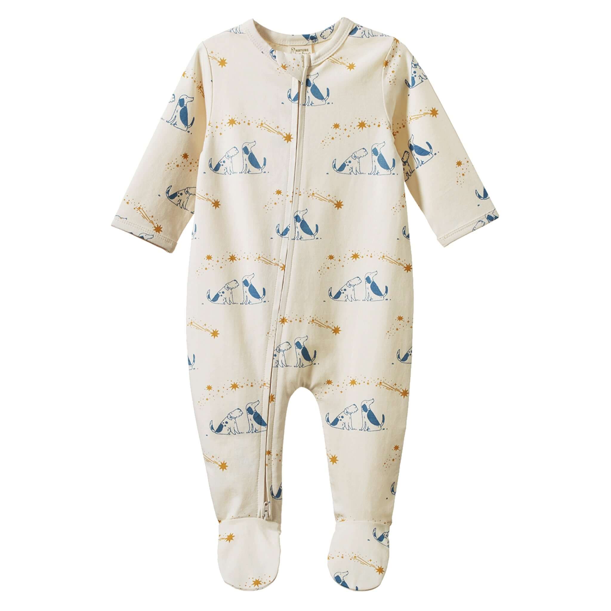 Nature Baby Organic Cotton Dreamlands Suit - Dog Dream featuring cozy dogs and stars on a cream sleep suit.