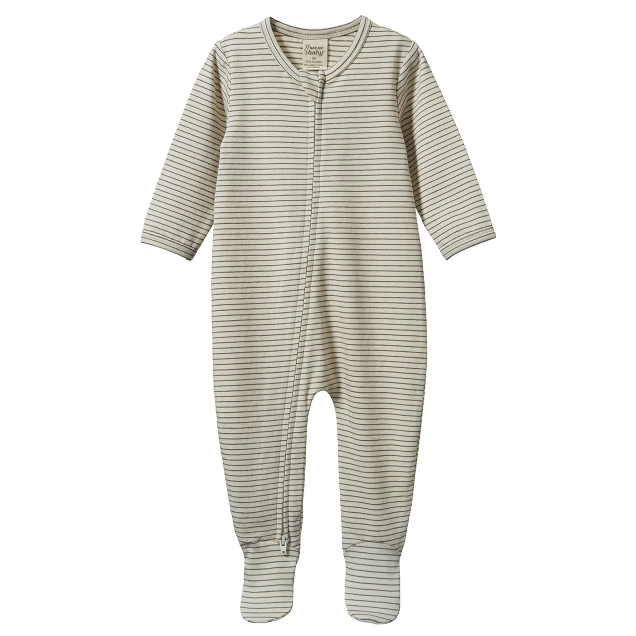 Nature Baby Organic Cotton Dreamlands Suit - Mushroom Pinstripe in soft organic cotton with enclosed feet and double-ended zip.
