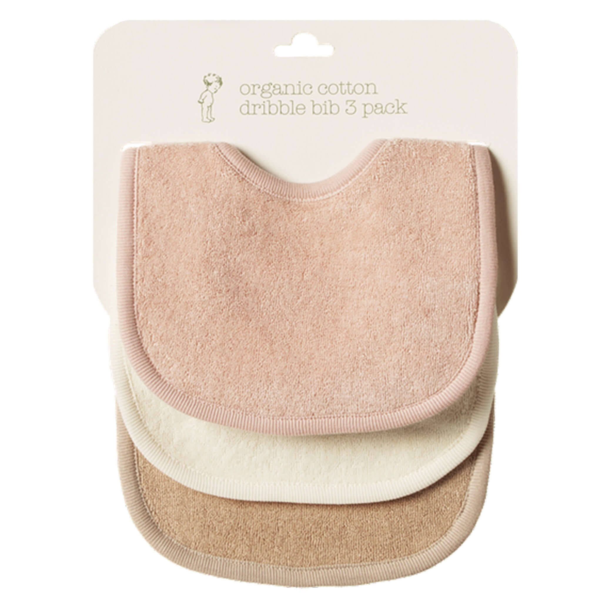 Nature Baby Organic Cotton Dribble Bibs 3 Pack - Rose Dust, Natural & Nougat displayed in packaging.