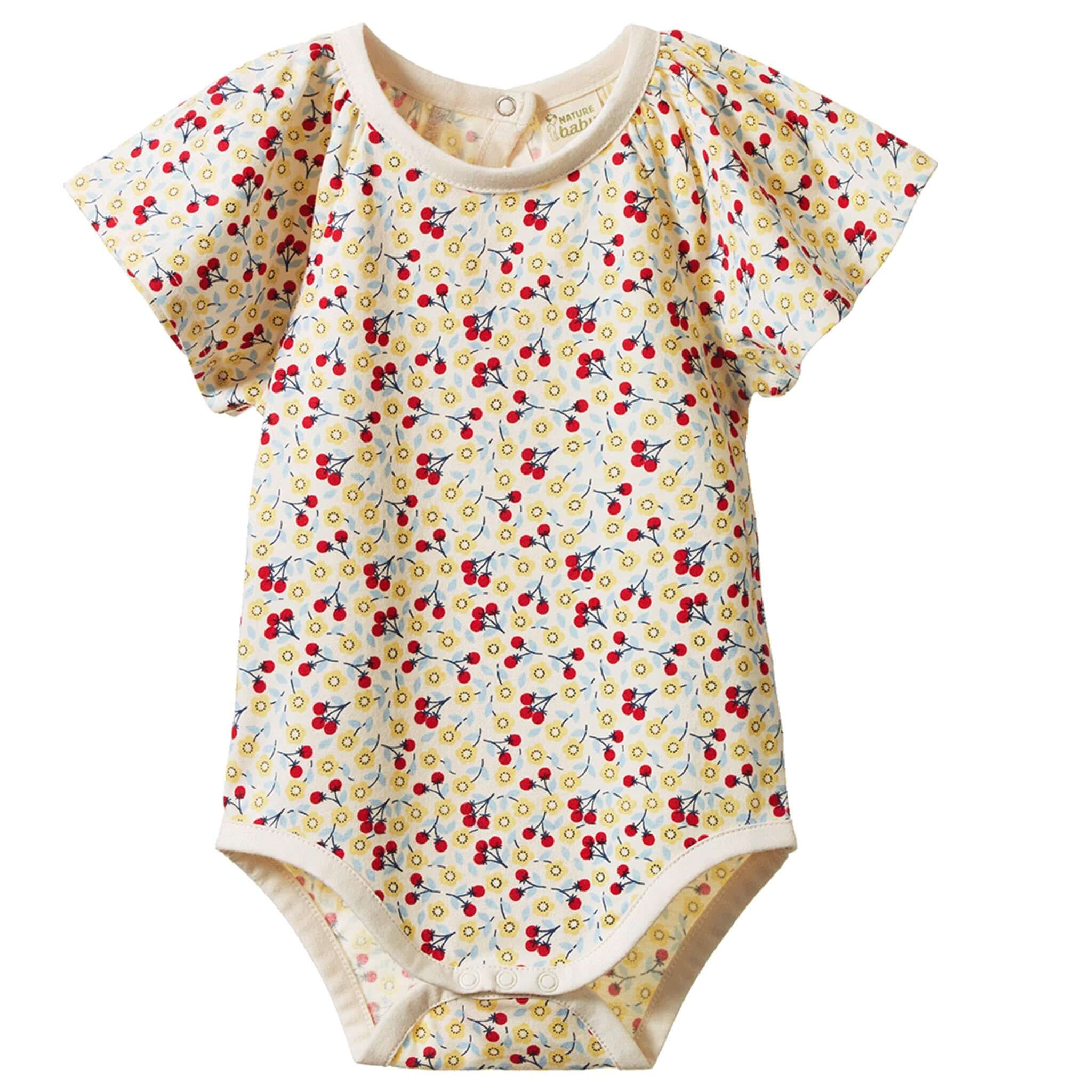 Nature Baby Organic Cotton Faye Bodysuit - Kitchen Garden with cherries and daisies print.