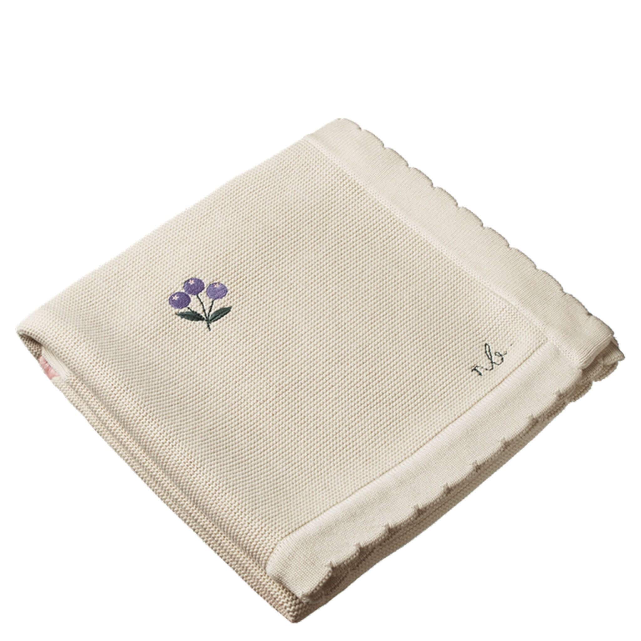 Alt Tag: Nature Baby Organic Cotton Fern Blanket - Berry Garden folded organic cotton knit baby blanket with floral embroidery and scalloped edge