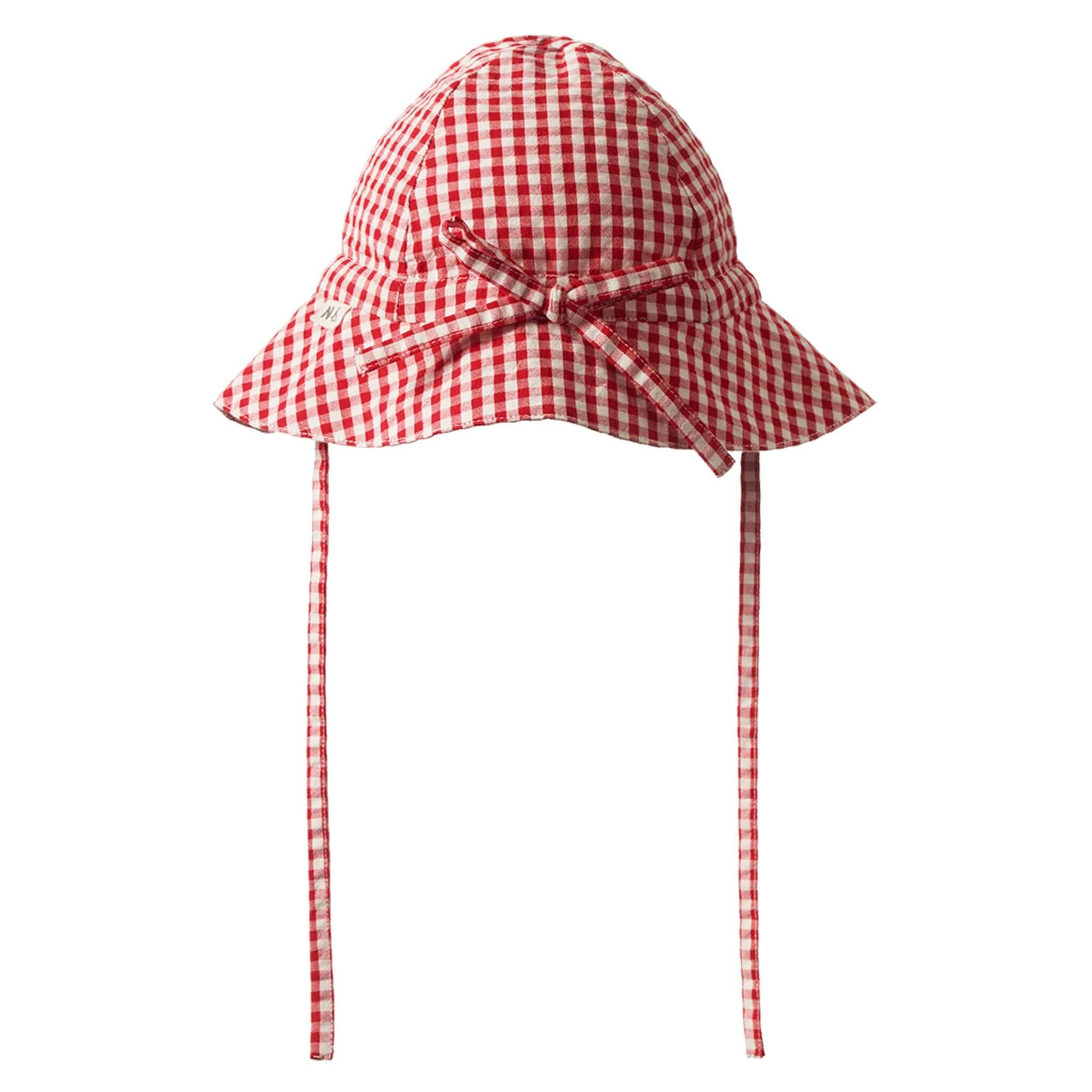 Nature Baby Organic Cotton Gingham Sunhat - Red, a woven sunhat with ties for adjustable fit and full brim for sun protection.
