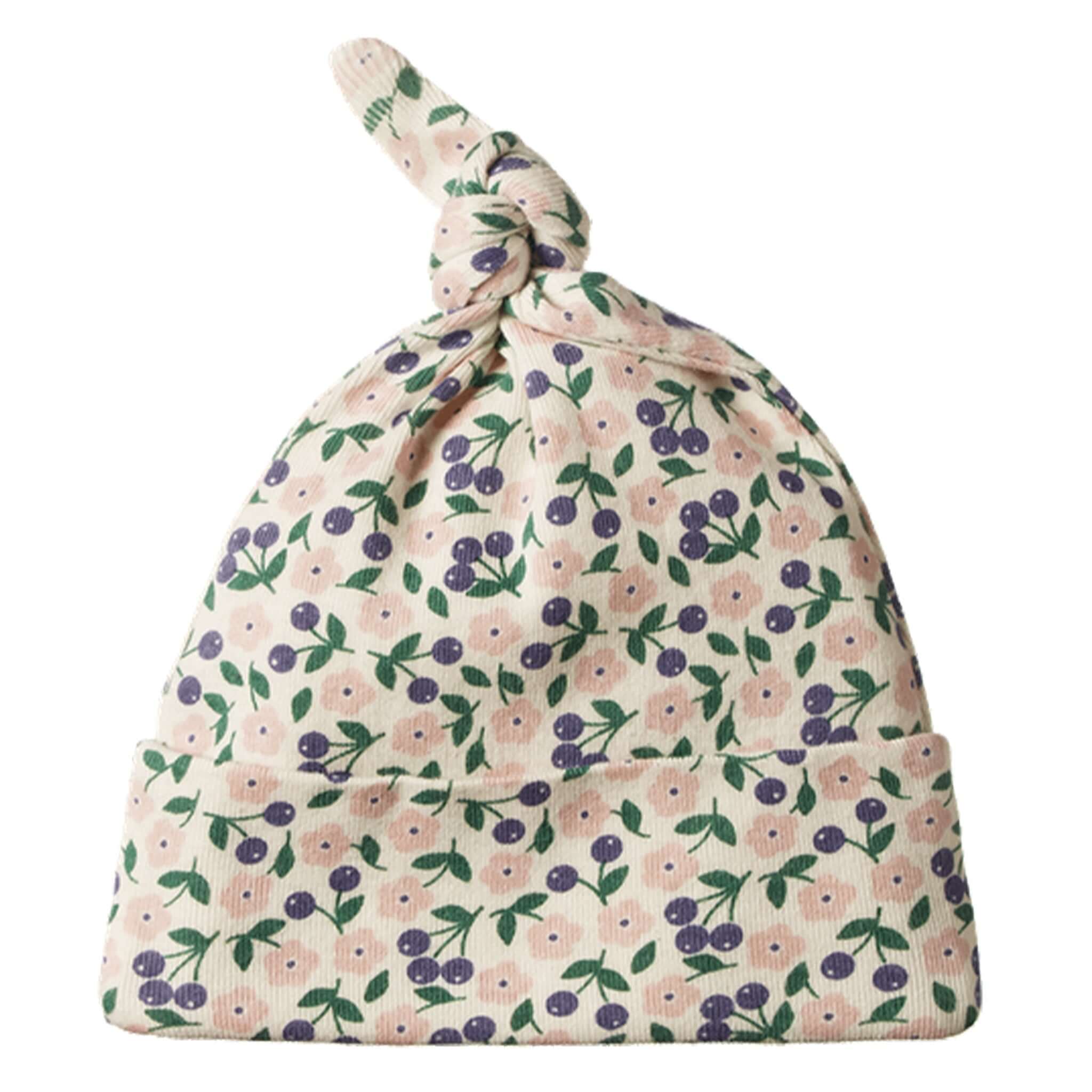 Alt Tag: Nature Baby Organic Cotton Knotted Beanie - Briarwood newborn beanie, breathable certified organic cotton, adjustable knot, folded hem