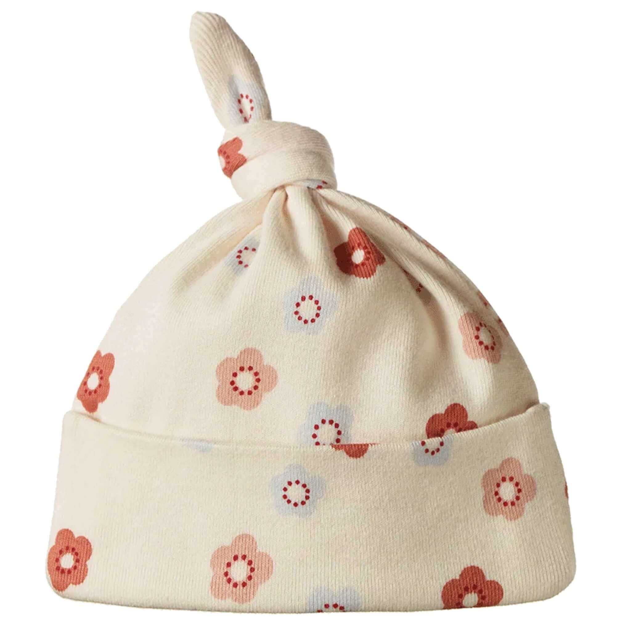 Nature Baby Organic Cotton Knotted Beanie - Petite Flora Stamp in Briarwood print for newborns.