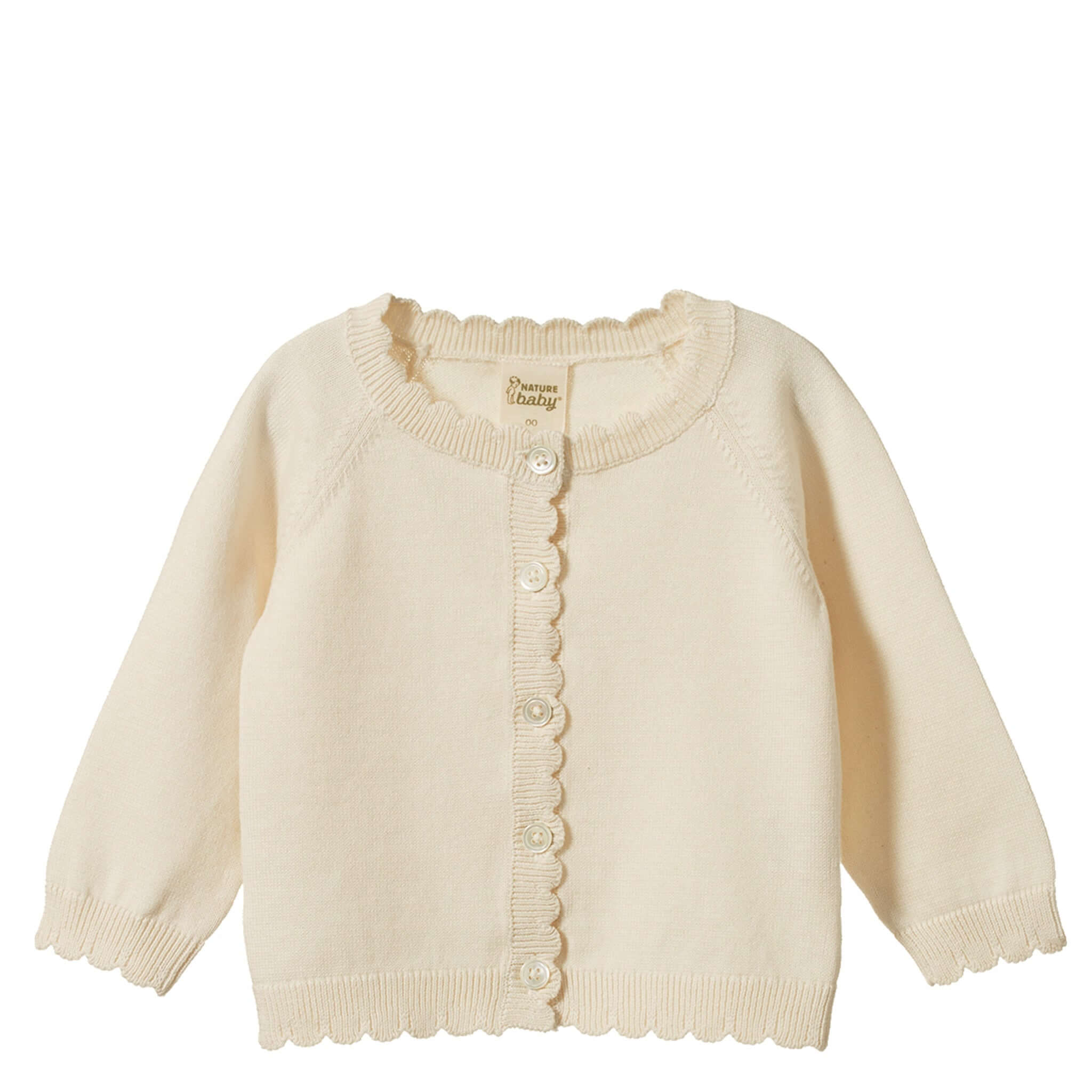 Nature Baby Organic Cotton Liliette Cardigan - Natural featuring scalloped trim and shell button closures.