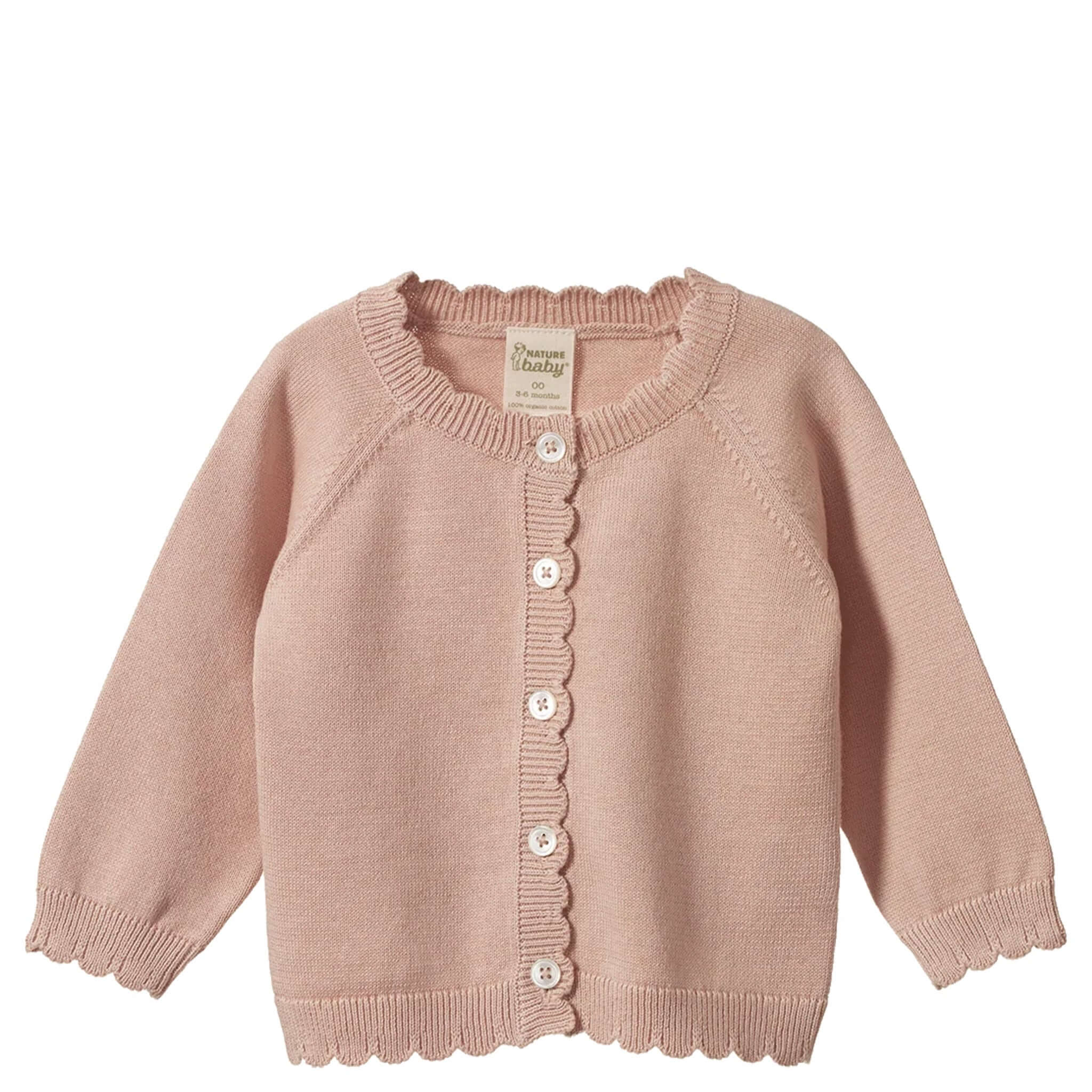 Nature Baby Organic Cotton Liliette Cardigan - Rose Dust with scalloped trim and shell buttons in soft pink.