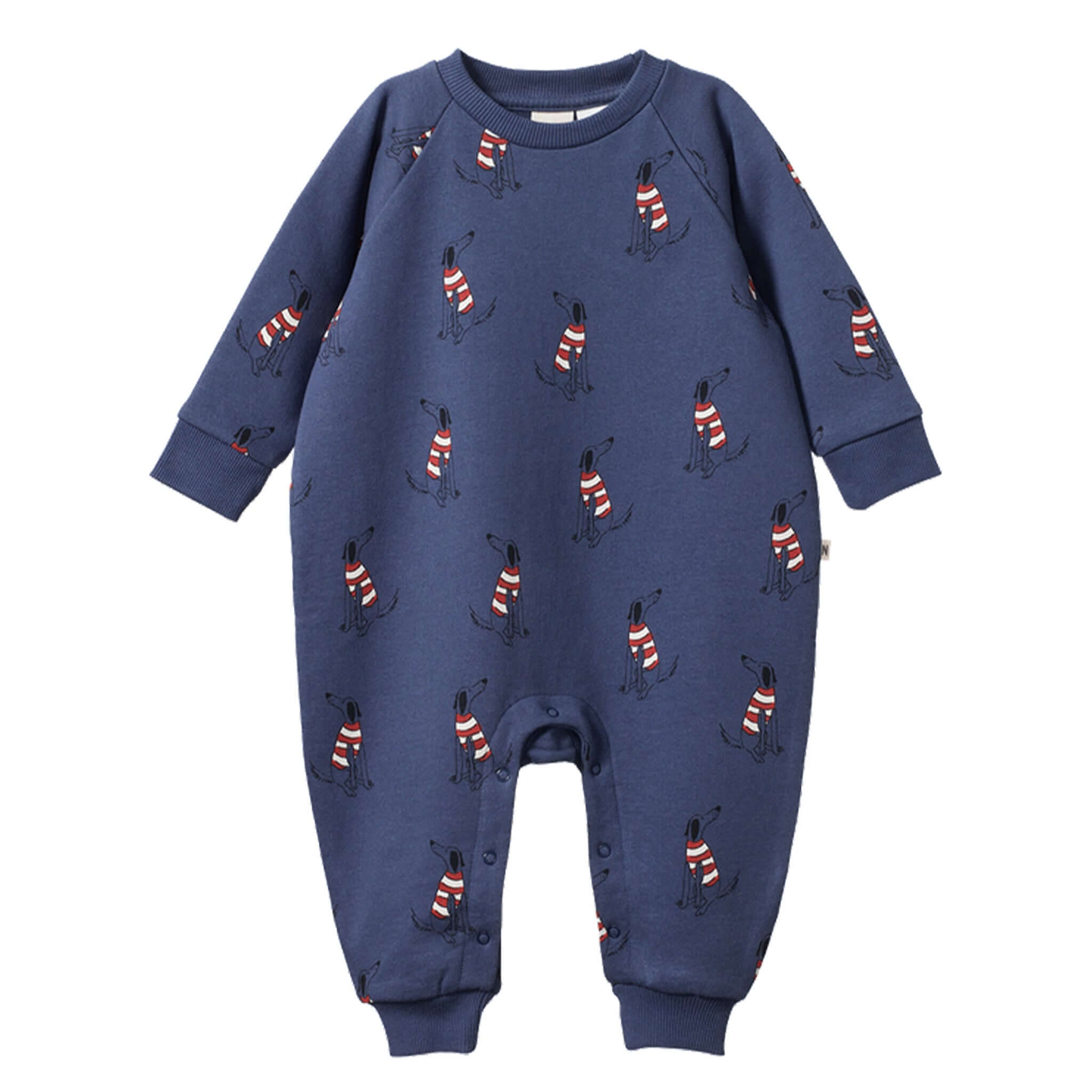 Alt Tag: Nature Baby Organic Cotton Long Sleeve Juno Romper - Best Friend Indigo blue baby romper with long sleeves, snap crotch closures and dog print