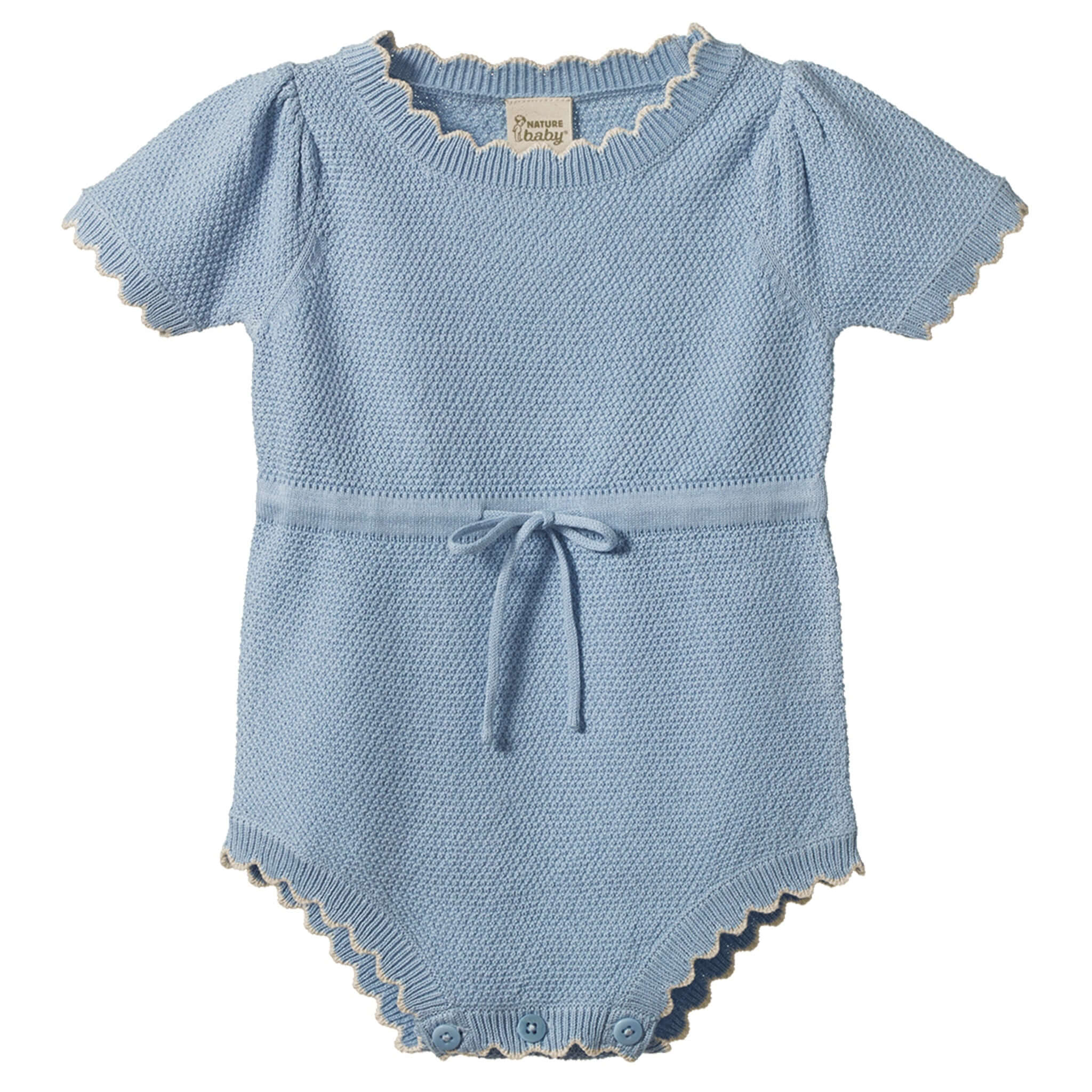 Nature Baby Organic Cotton Lottie Suit - Celestial Blue, soft romper with capped sleeves and drawstring waist.