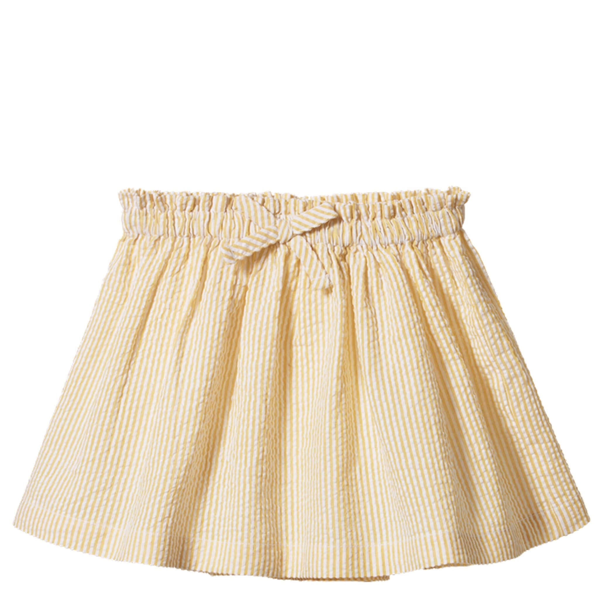 Alt Tag: Nature Baby Organic Cotton Orchard Skirt - Golden Stripe organic cotton kids skirt with gathered frill waist and bow, yellow stripe