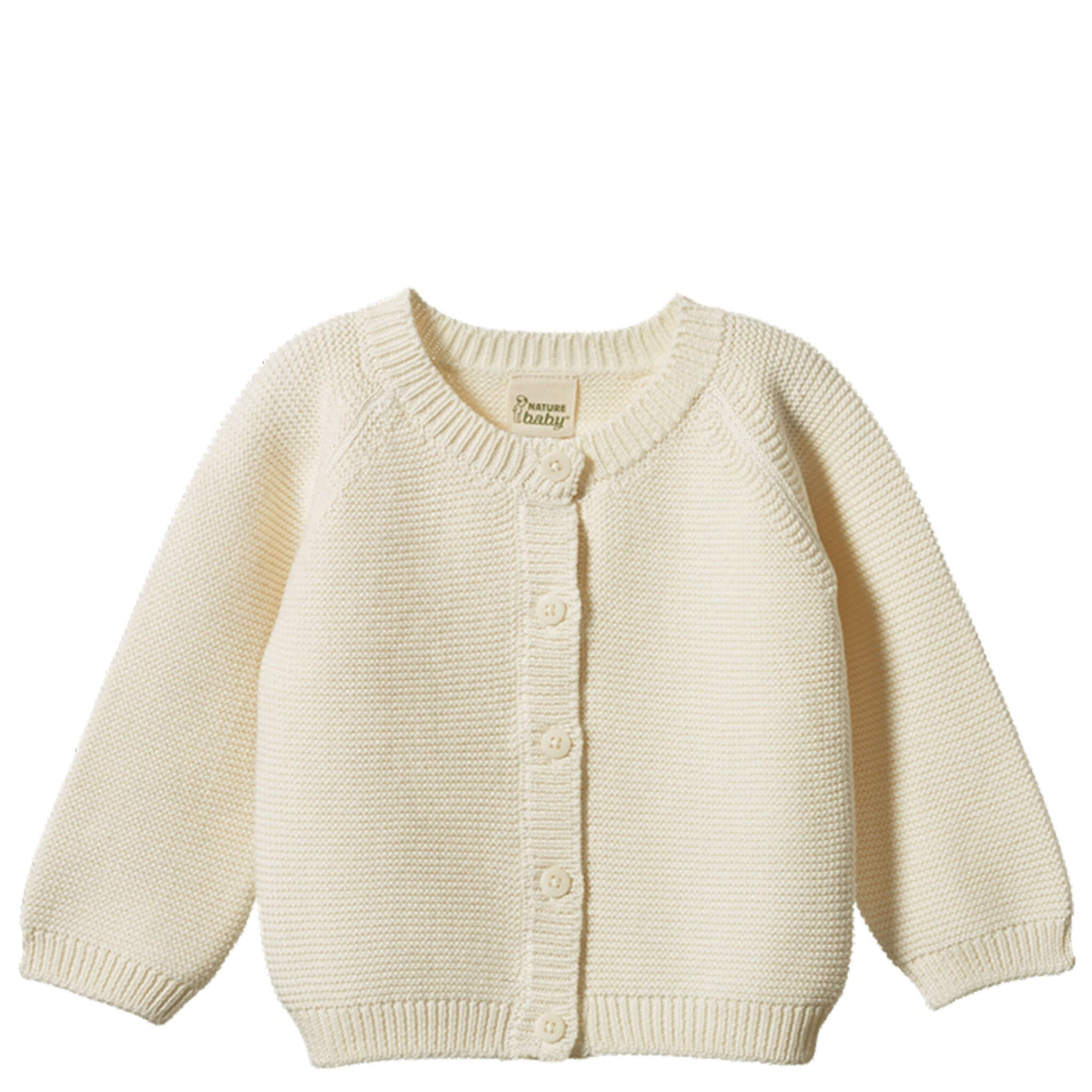 Alt Tag: Nature Baby Organic Cotton Pepi Cardigan - Natural newborn cardigan, GOTS organic cotton garter knit with corozo nut buttons