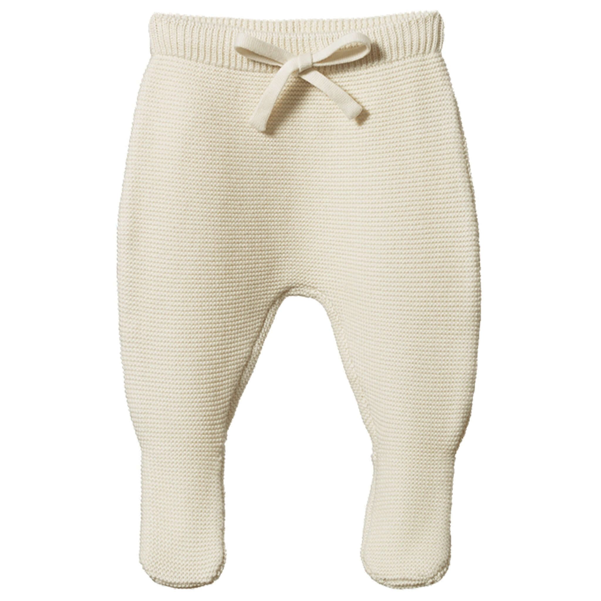 Alt Tag: Nature Baby Organic Cotton Pepi Rompers cream knitted footed baby romper pants with drawstring waist in GOTS organic cotton