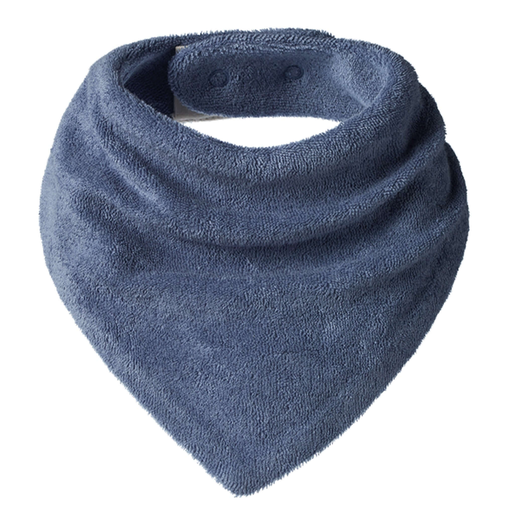 Alt Tag: Nature Baby Organic Cotton Terry Triangle Bib - Dusky Blue, soft GOTS organic cotton terry dribble bib with snap closure