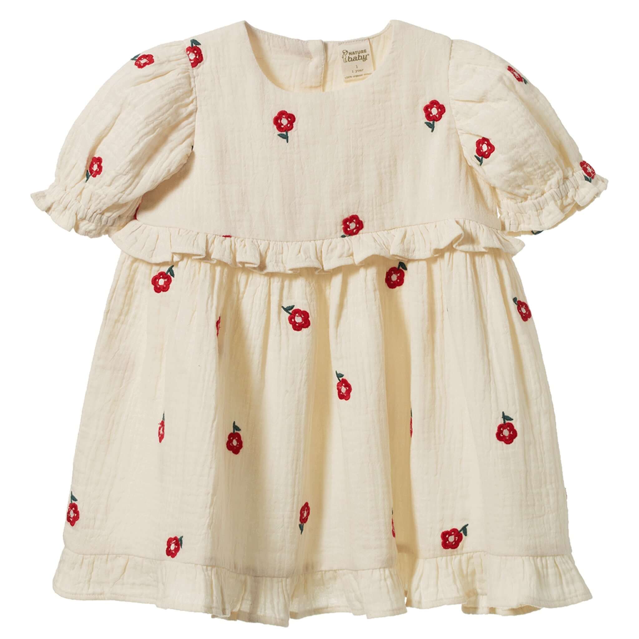Nature Baby Organic Cotton Valentina Dress - Red Flora - 100% organic cotton with red floral embroidery.