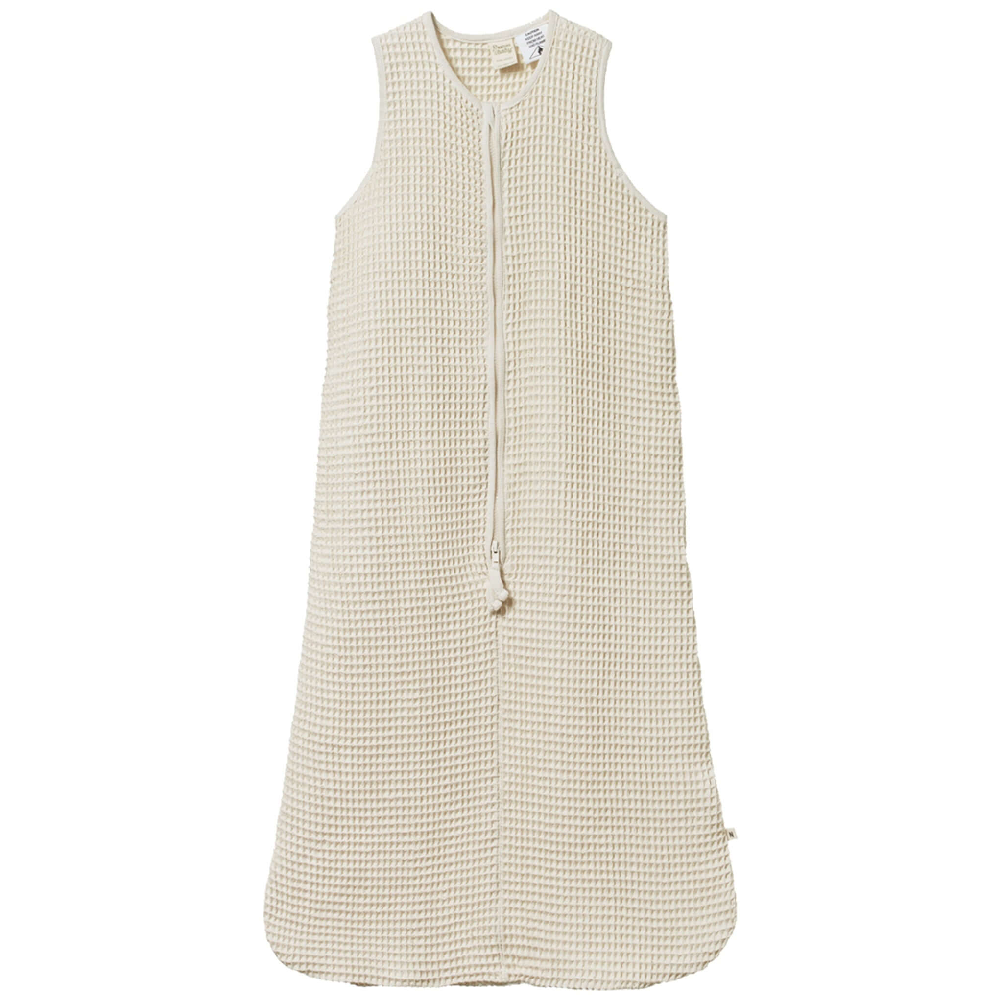 Alt Tag: Nature Baby Organic Cotton Waffle Sleeping Bag in natural waffle weave, sleeveless zip baby sleep sack for warm nights