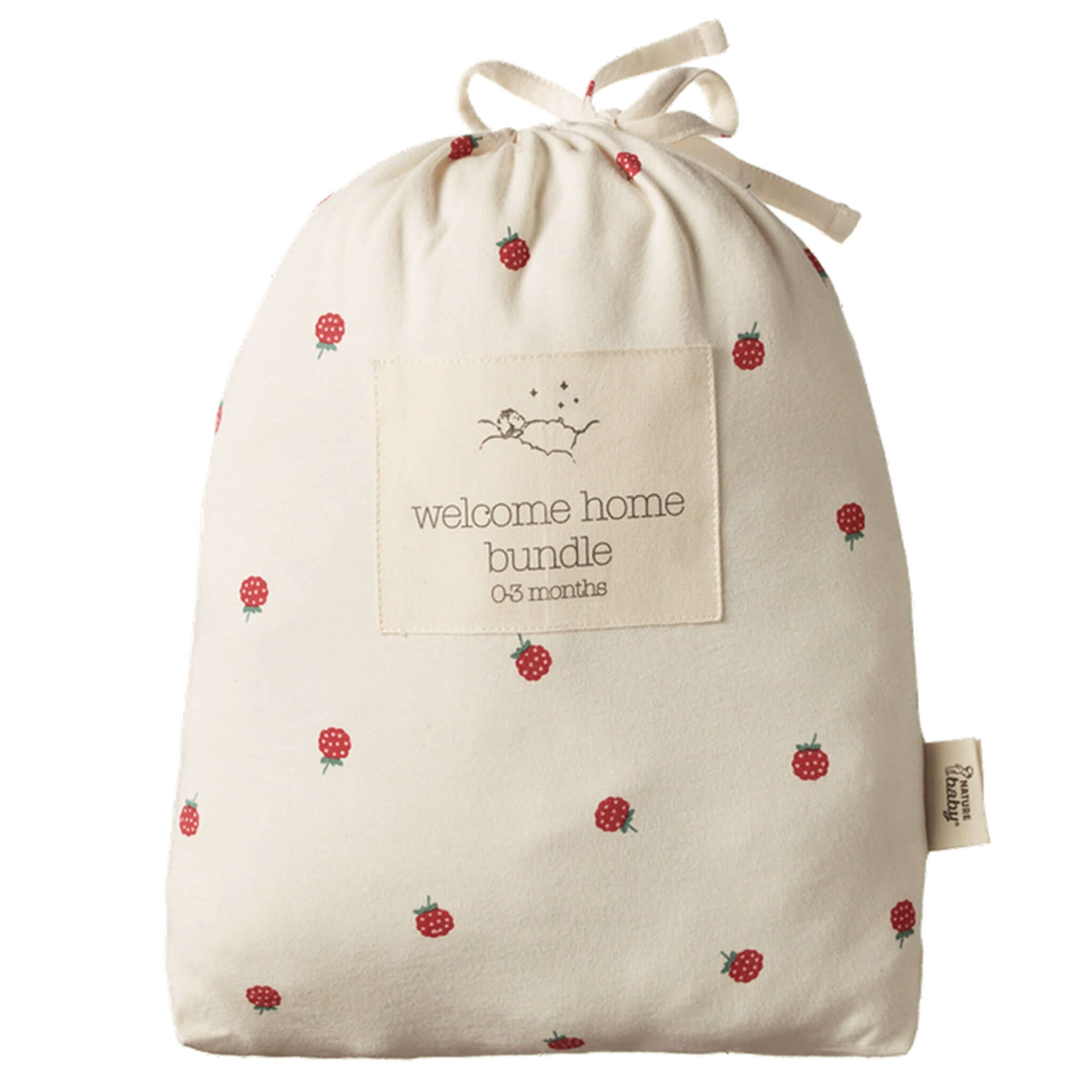 Alt Tag: Nature Baby Organic Cotton Welcome Home Bundle - Raspberry drawstring gift bag in GOTS organic cotton with raspberry print