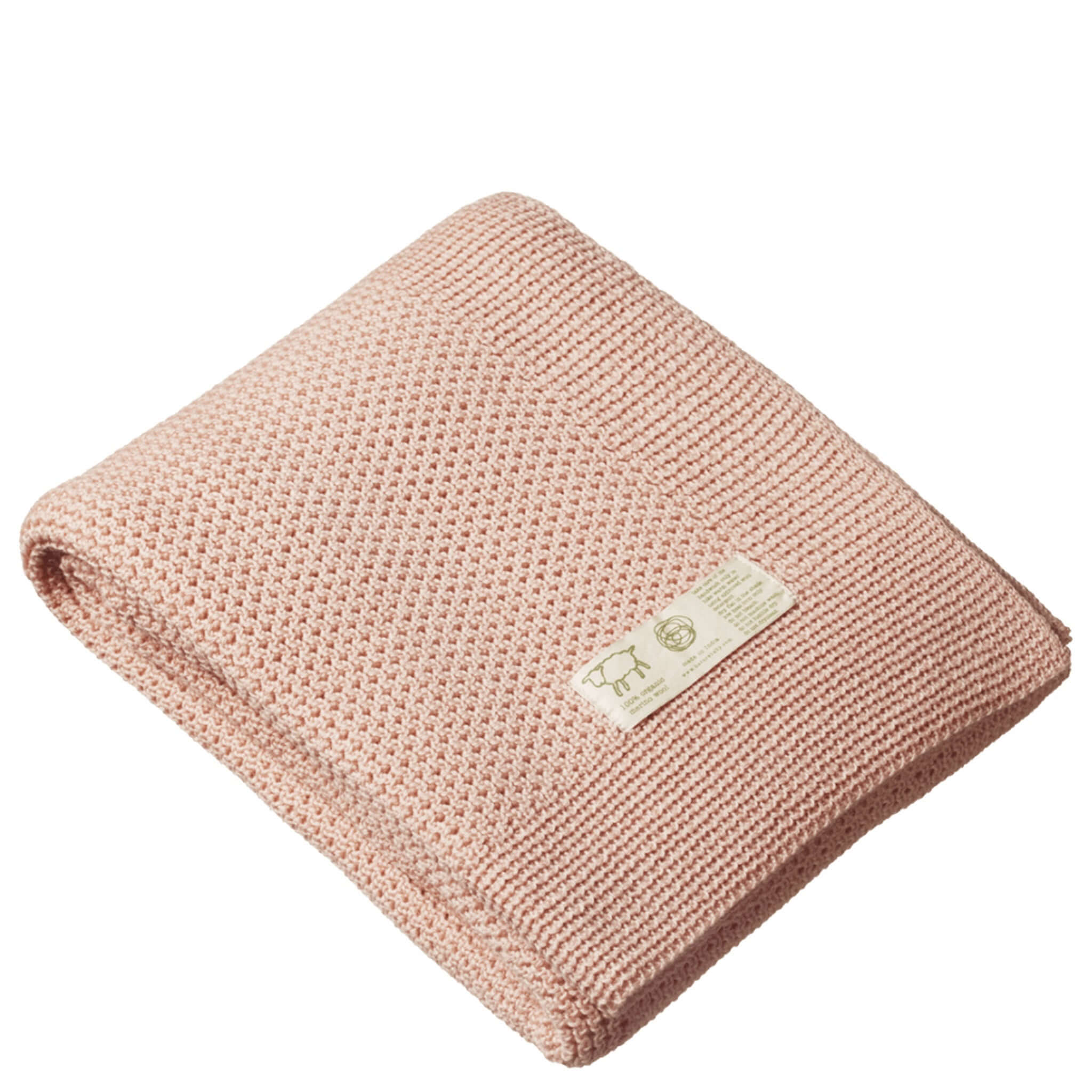 Alt Tag: Nature Baby Organic Merino Blanket - Rose Dust folded organic merino knit baby blanket in warm rose dust color