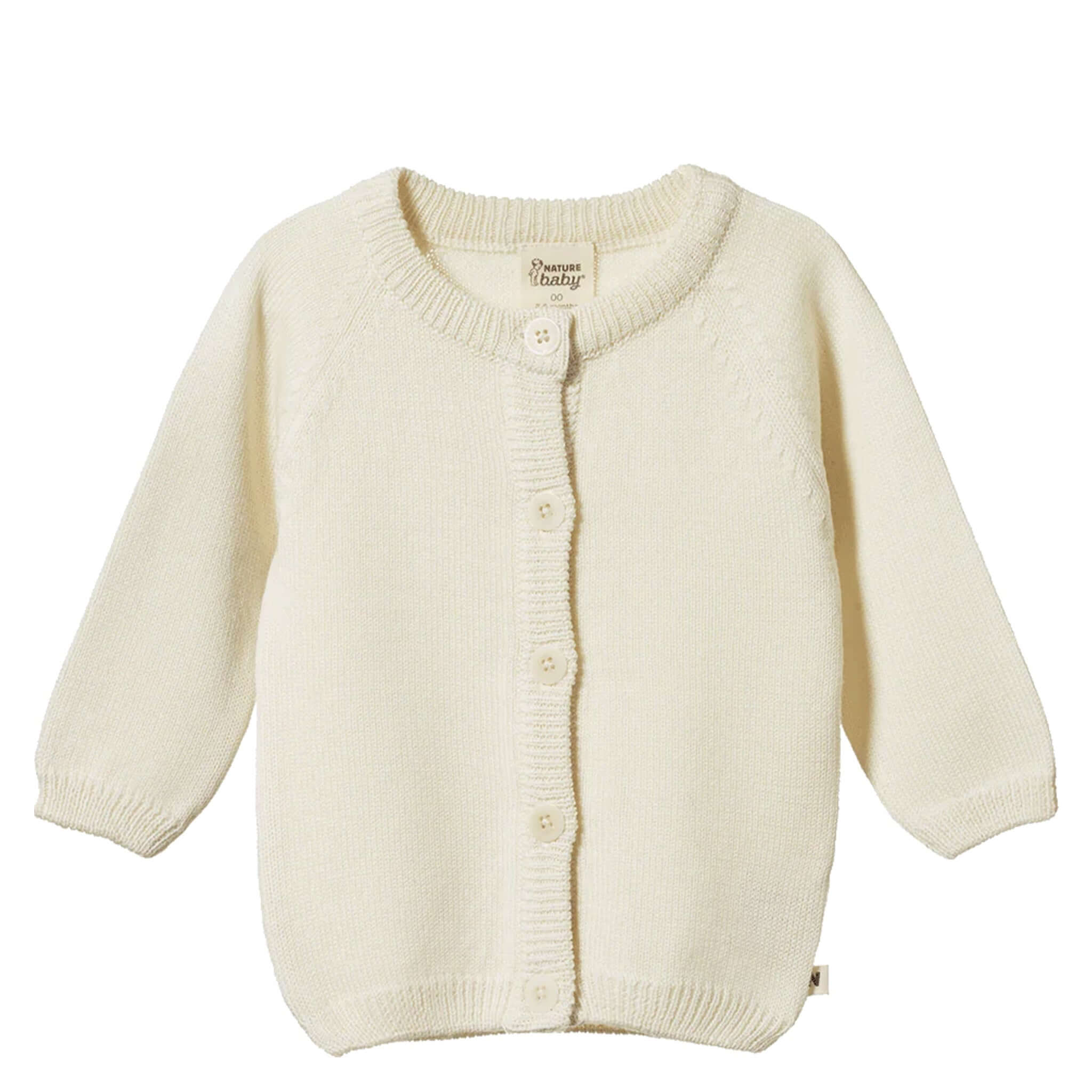 Alt Tag: Nature Baby Organic Merino Knit Cardigan - Natural, GOTS-certified organic merino wool baby cardigan with button front, natural knit