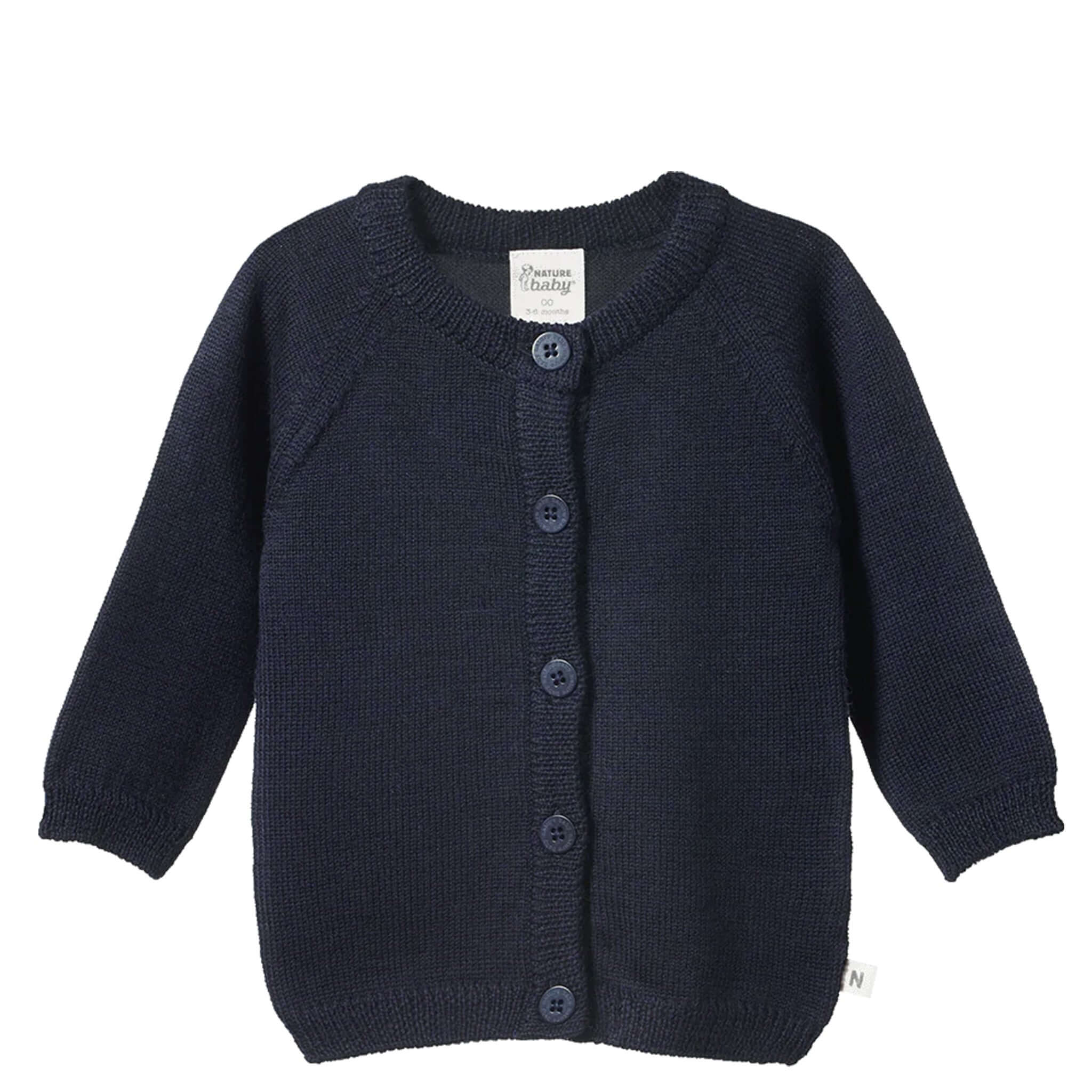 Alt Tag: Nature Baby Organic Merino Knit Cardigan - Navy navy organic merino wool baby knit cardigan with button front