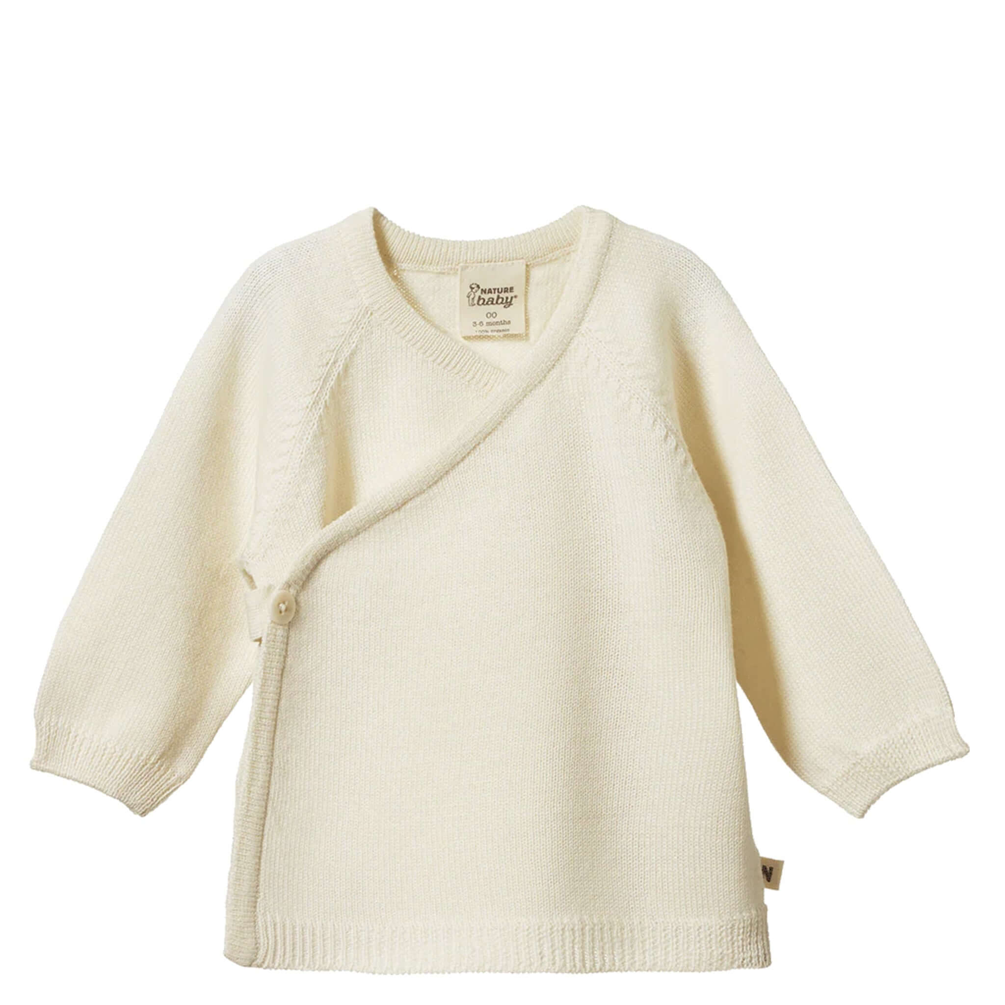 Alt Tag: Nature Baby Organic Merino Knit Kimono Jacket - Natural organic merino wool newborn wrap cardigan in natural, soft breathable warmth