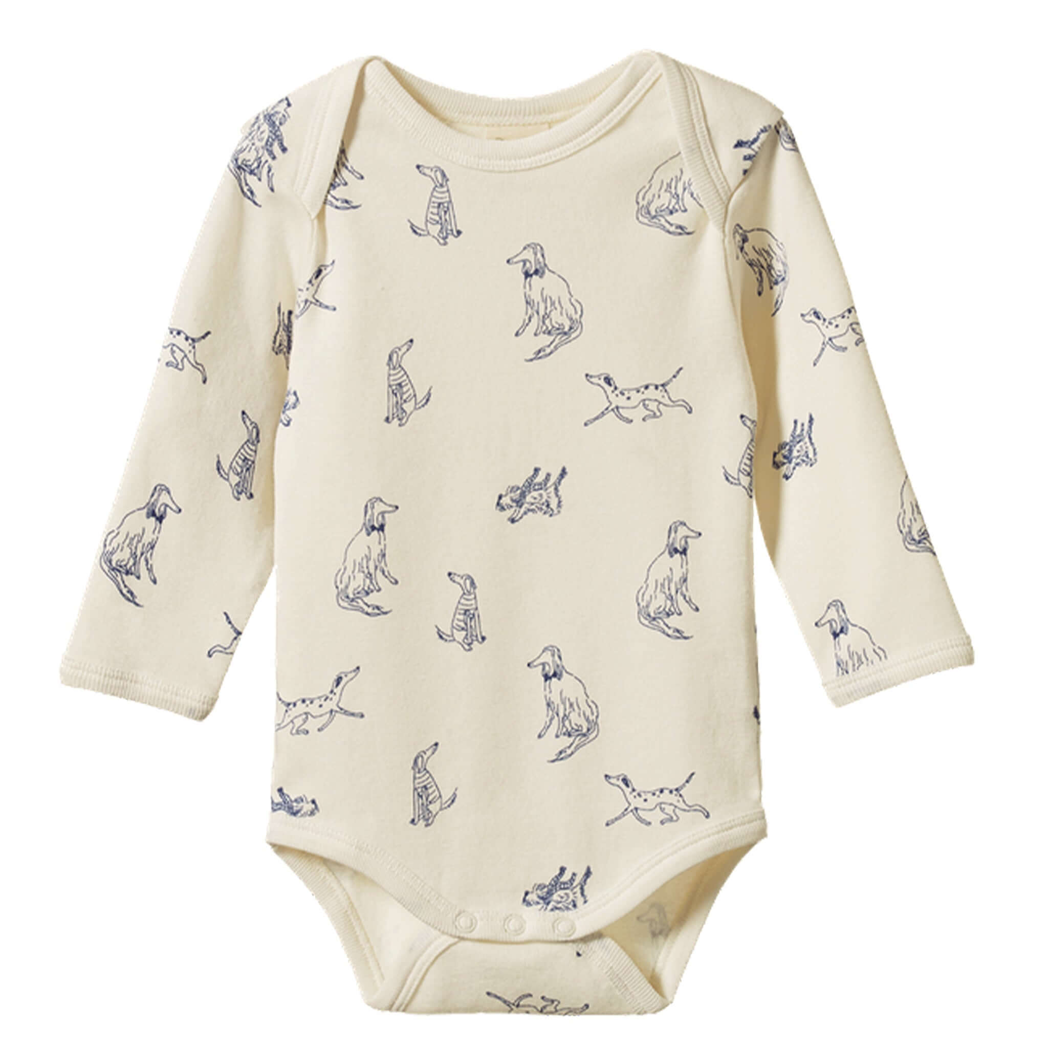 Alt Tag: Nature Baby Organic Cotton Long Sleeve Bodysuit - Best Friend cream long sleeve baby bodysuit with blue dog print and snap domes