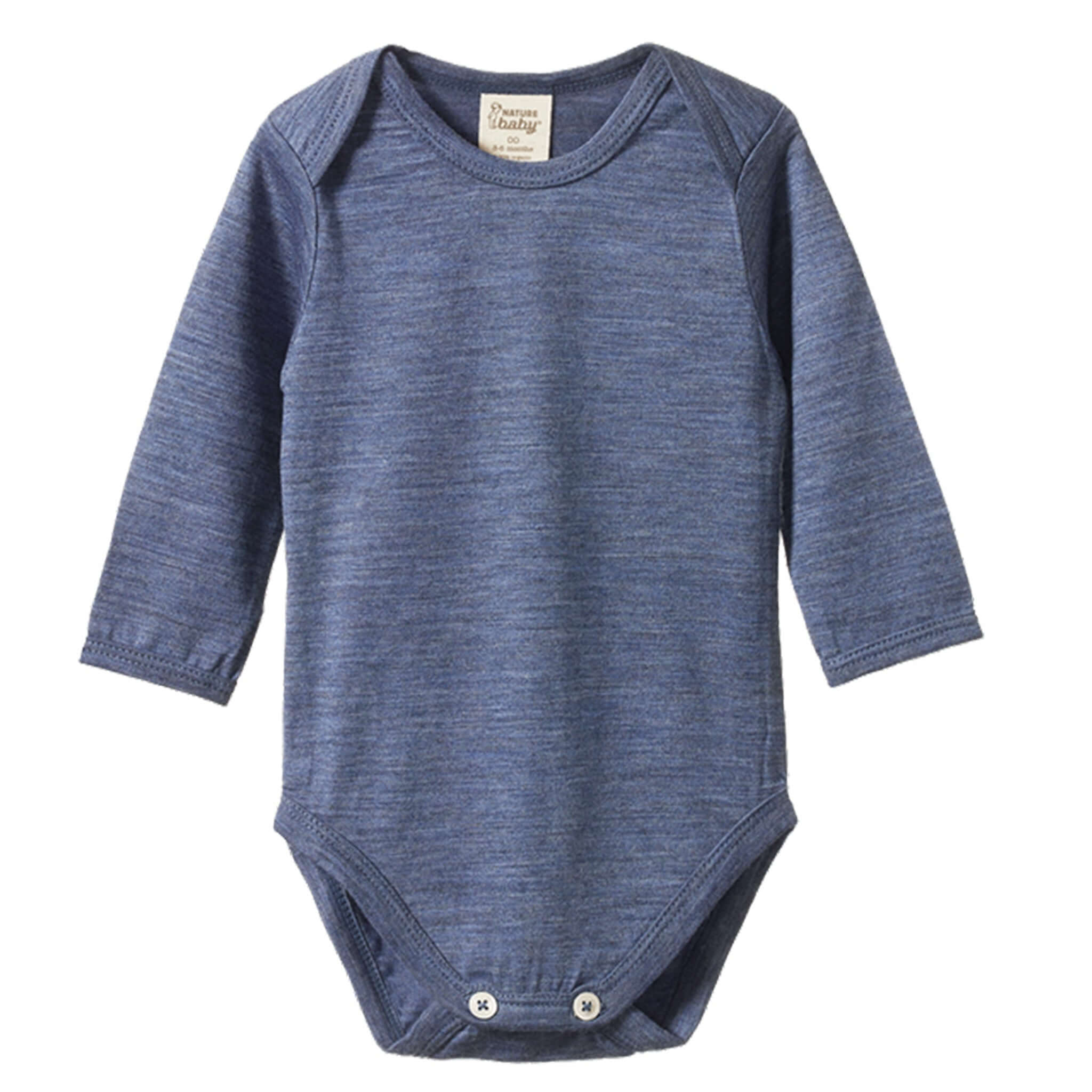 Alt Tag: Nature Baby Organic Merino Long Sleeve Bodysuit - Vintage Indigo Marl organic merino wool baby bodysuit long sleeve newborn essential
