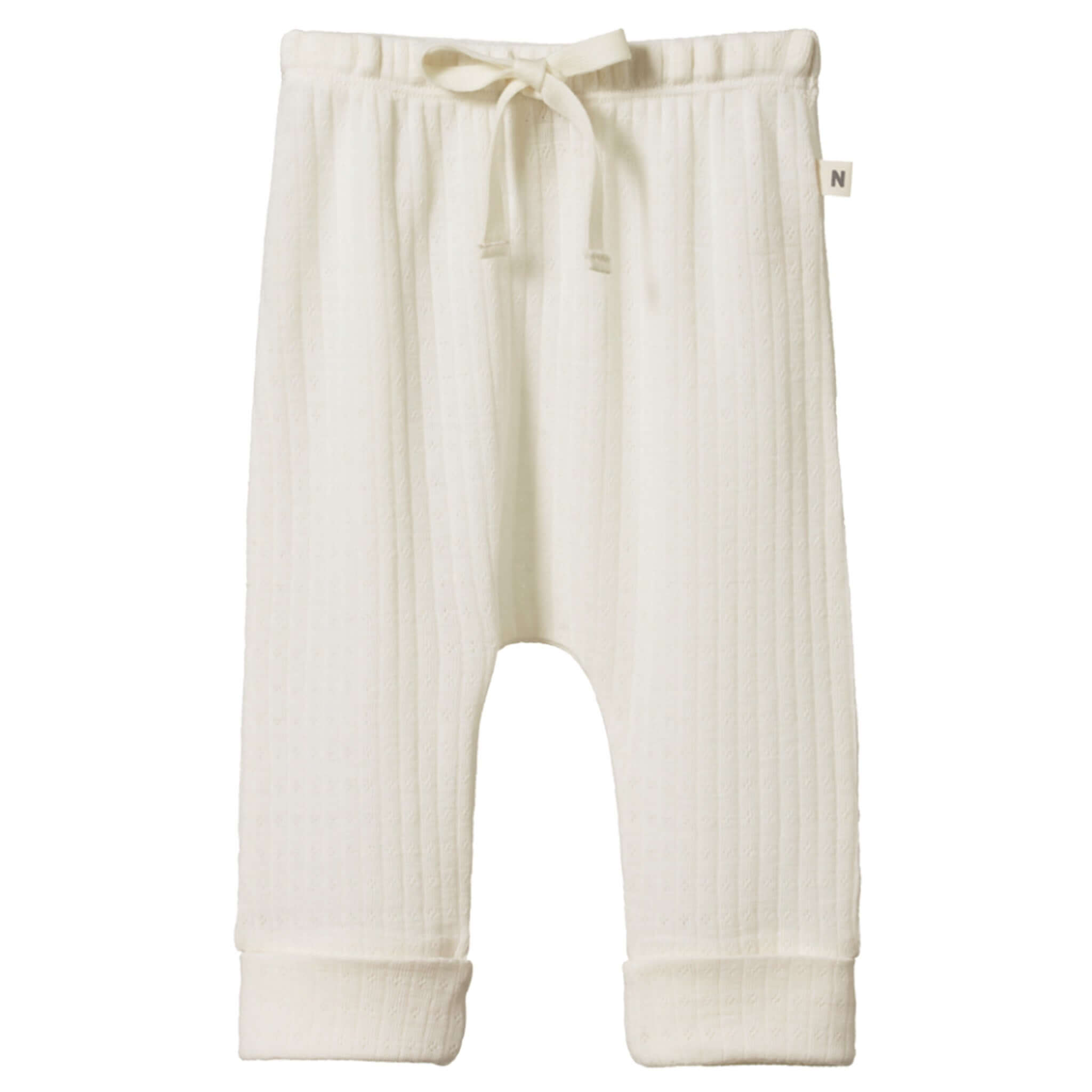 Alt Tag: Nature Baby Organic Merino Wool Drawstring Pants - Pointelle Natural, soft merino pointelle baby pants with elastic waist, drawstring