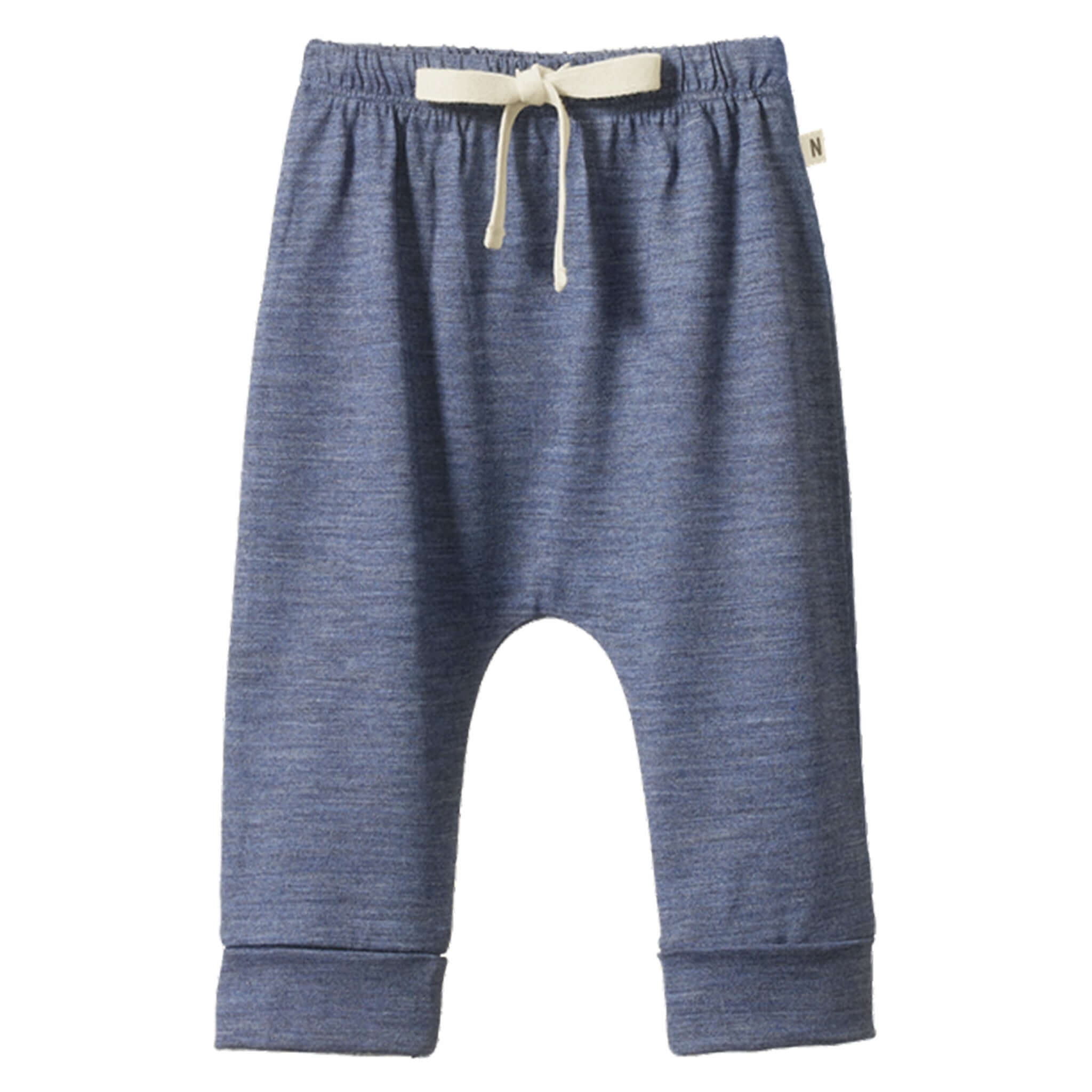 Alt Tag: Nature Baby Organic Merino Wool Drawstring Pants - Vintage Indigo Marl baby pants with soft elastic waist, drawstring, cuffed legs