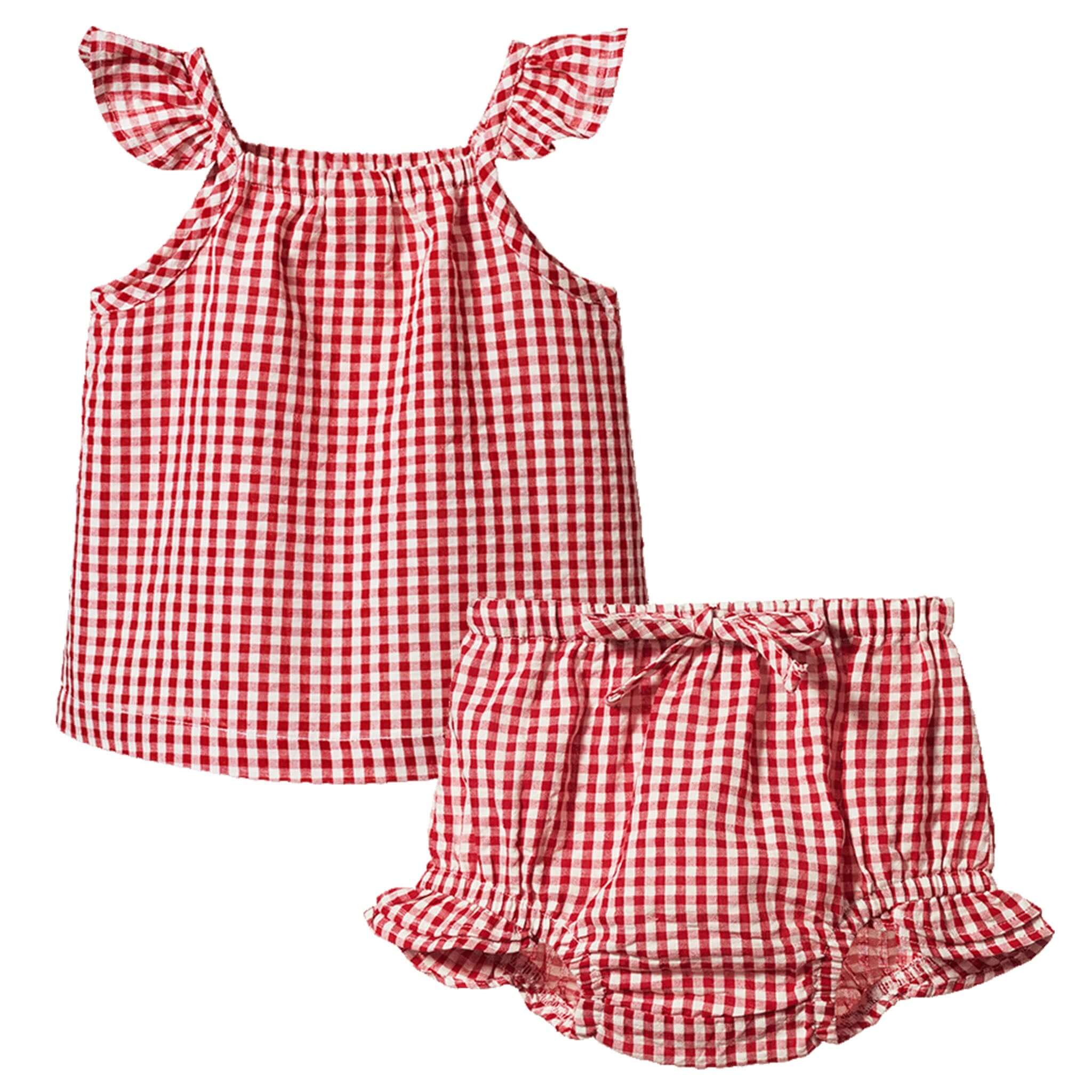 Alt Tag: Nature Baby Organic Cotton Petal Gingham Set - Red Check frill top and bloomer set in red gingham organic cotton