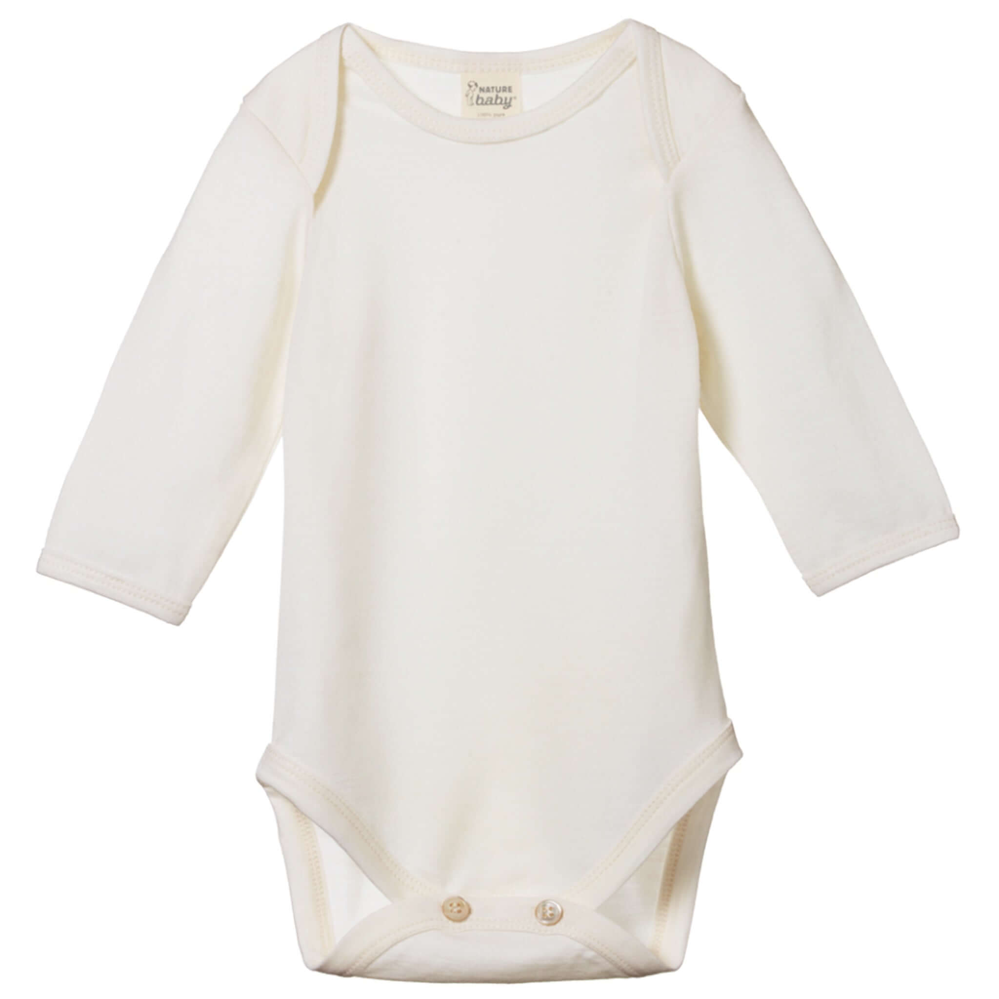 Alt Tag: Nature Baby Organic Merino Long Sleeve Bodysuit - Natural cream merino wool baby bodysuit with long sleeves and snap crotch