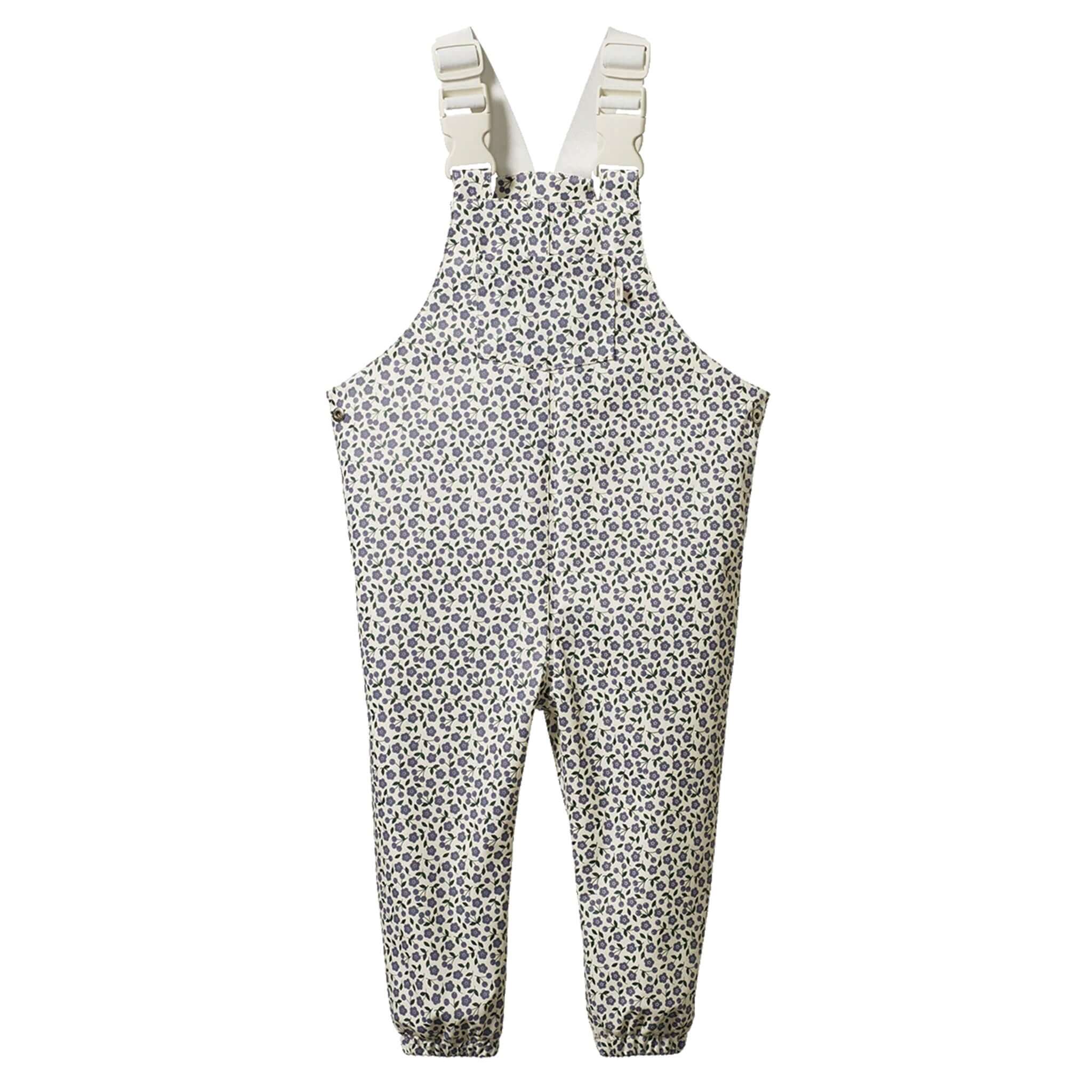 Alt Tag: Nature Baby Splash Overalls - Briarwood Heron waterproof kids splash overalls with adjustable clip straps, recycled outer