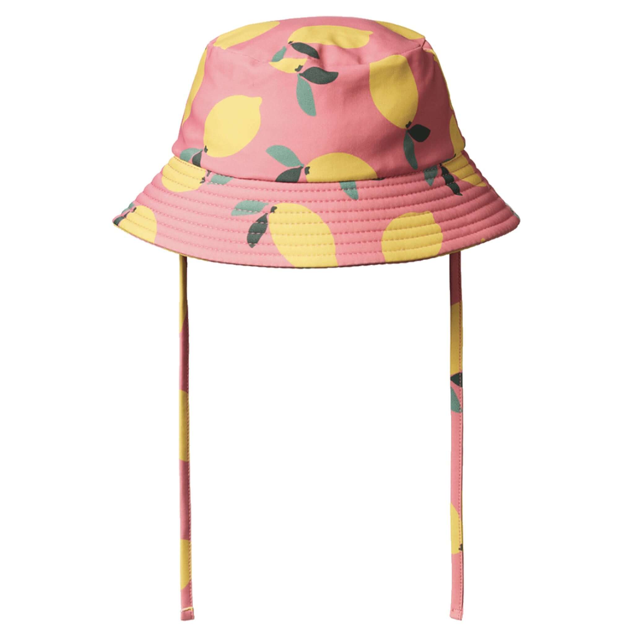 Alt Tag: Nature Baby Splash Sunhat - Lemmony Rose pink lemon print wide-brim kids swim sun hat with chin ties