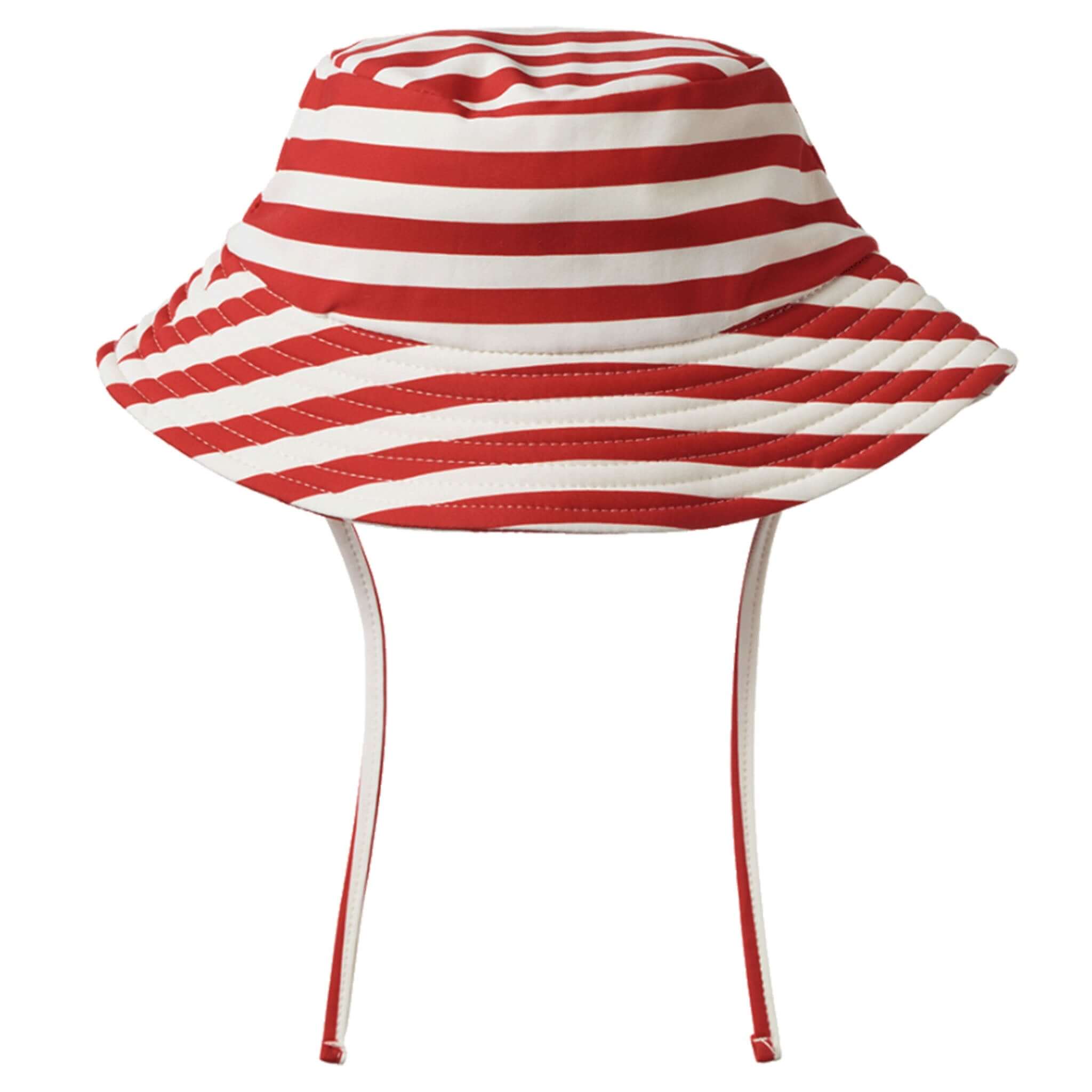 Alt Tag: Nature Baby Splash Sunhat - Red Sea Stripe red and white striped wide brim kids sun hat with chin ties